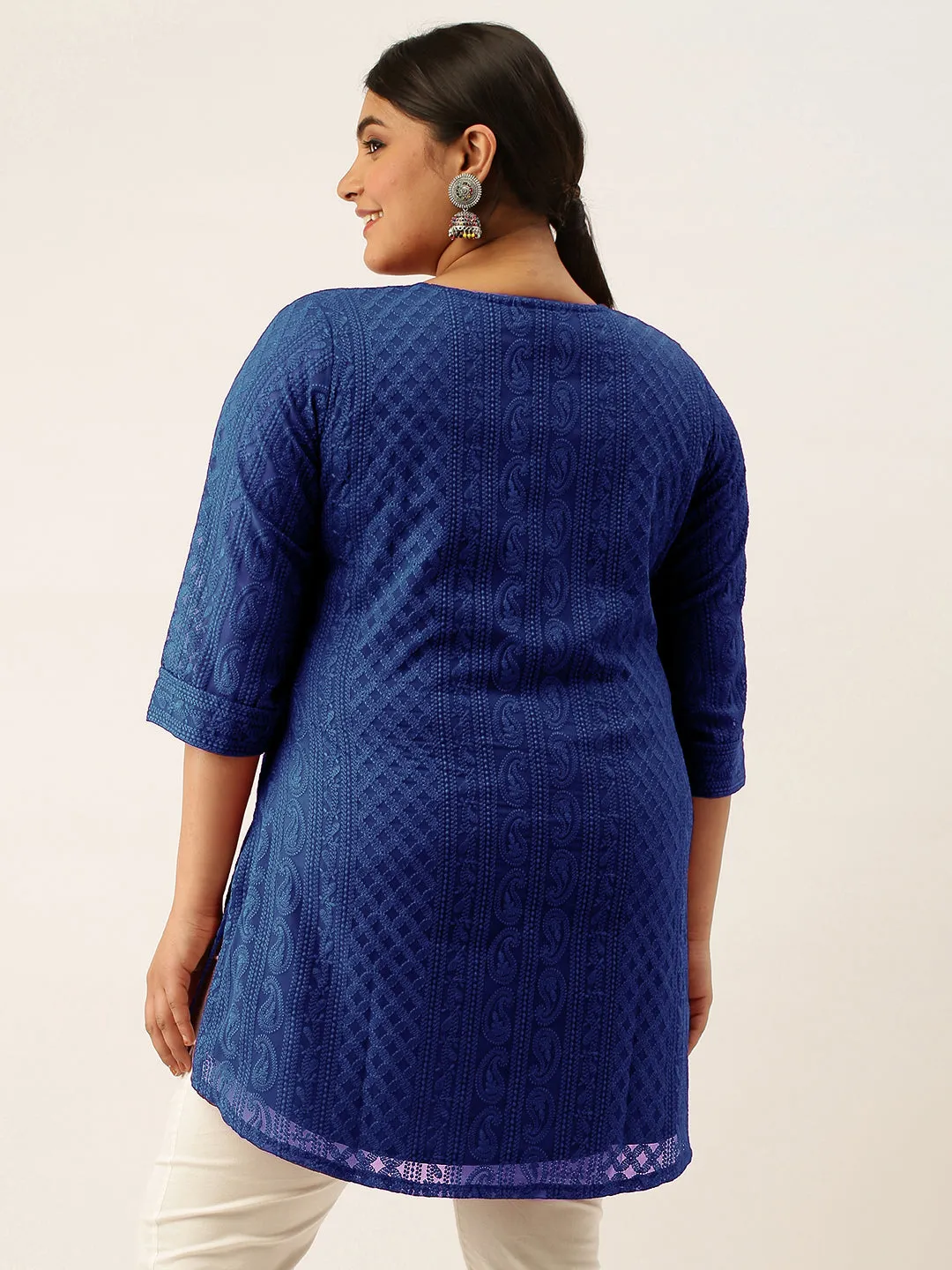 Navy Blue Paisley Embroidered Georgette Lucknowi Chikankari Thigh Length Tunic For Women - ZOLA