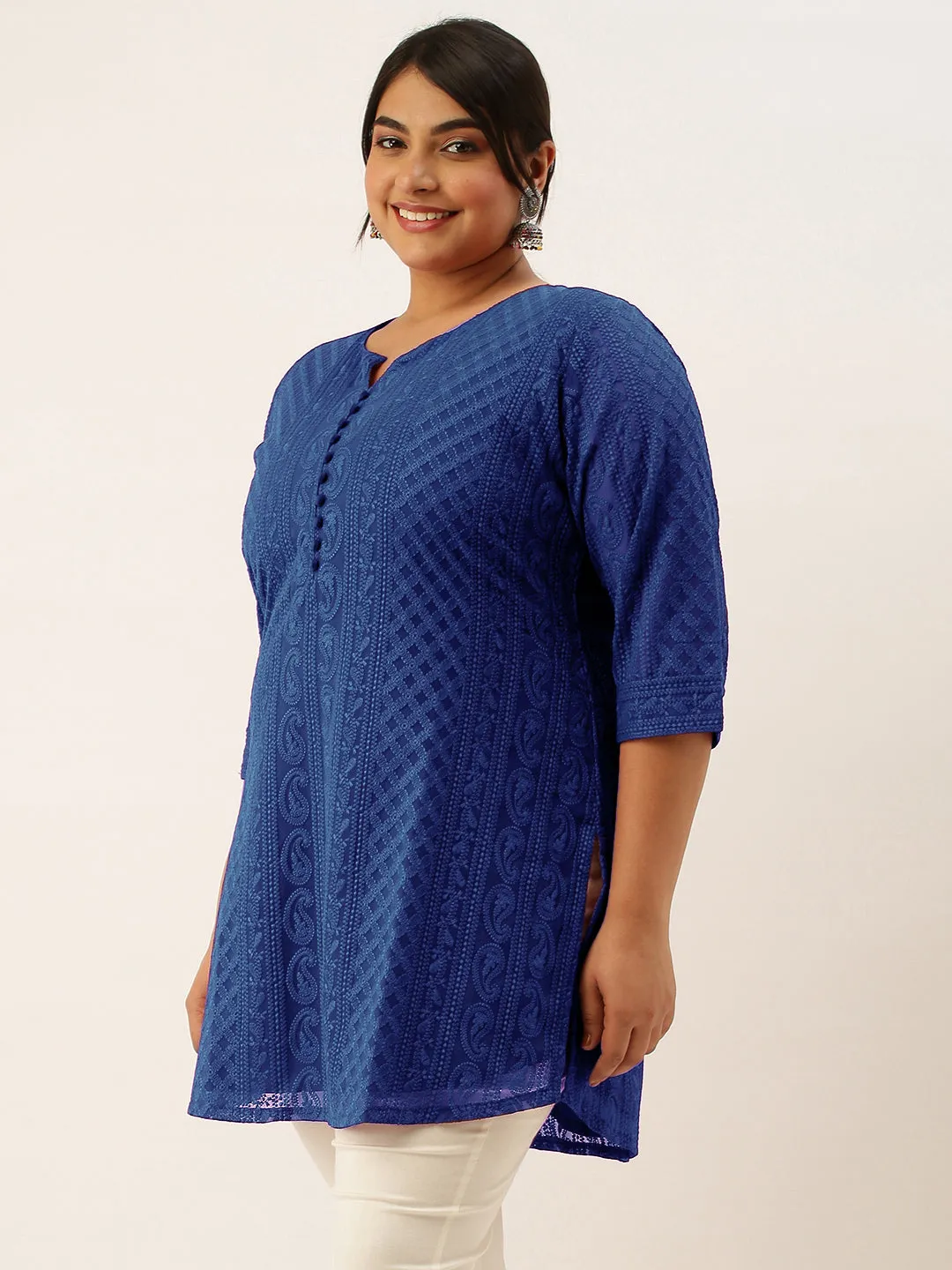 Navy Blue Paisley Embroidered Georgette Lucknowi Chikankari Thigh Length Tunic For Women - ZOLA