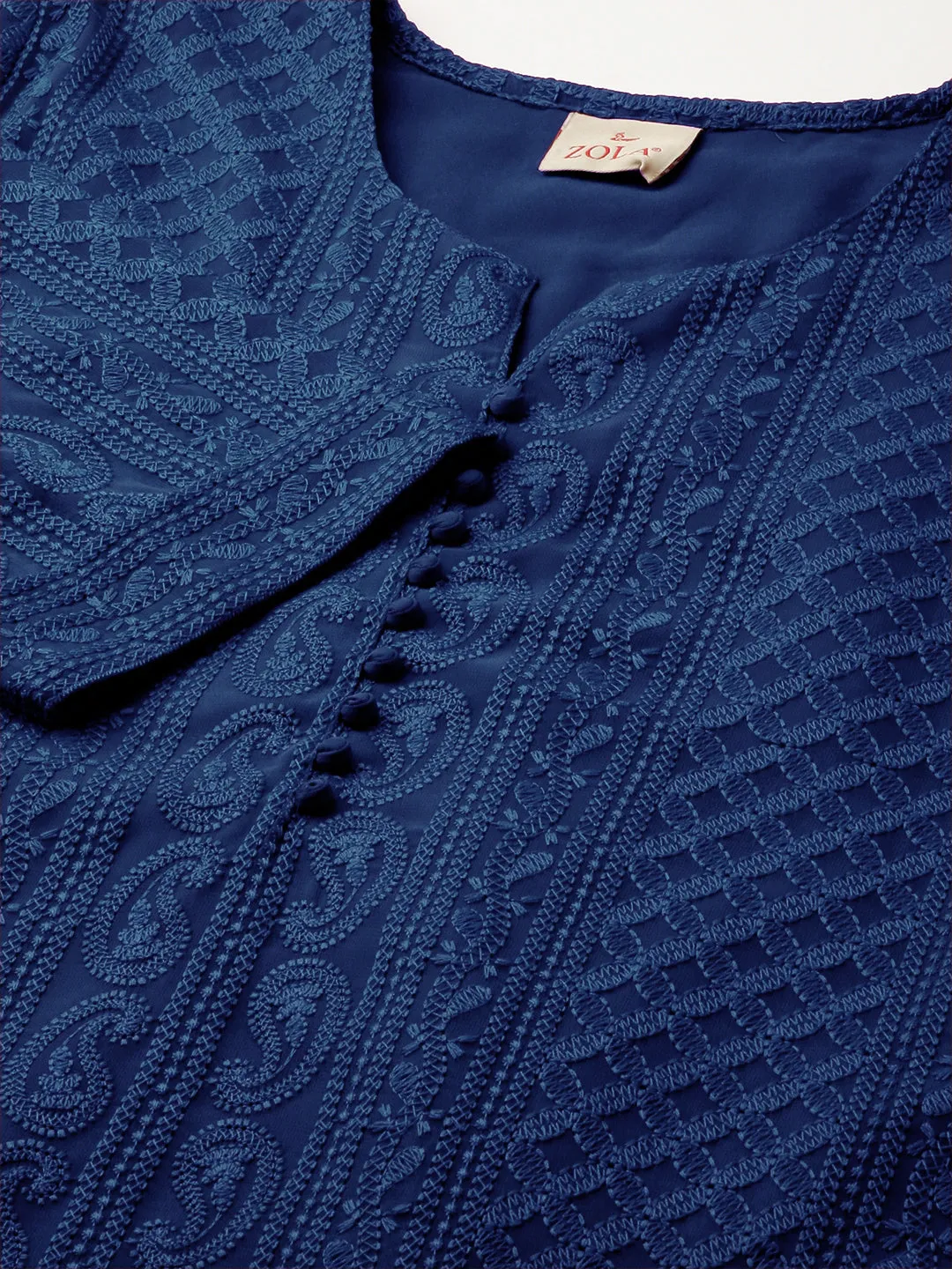 Navy Blue Paisley Embroidered Georgette Lucknowi Chikankari Thigh Length Tunic For Women - ZOLA