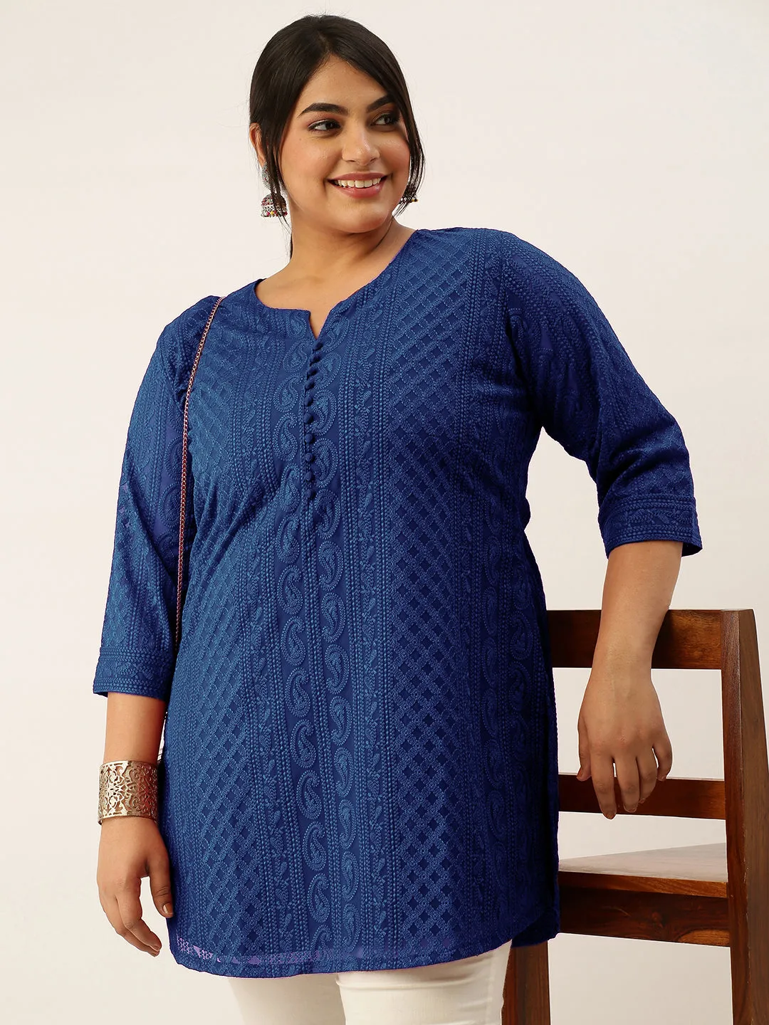 Navy Blue Paisley Embroidered Georgette Lucknowi Chikankari Thigh Length Tunic For Women - ZOLA
