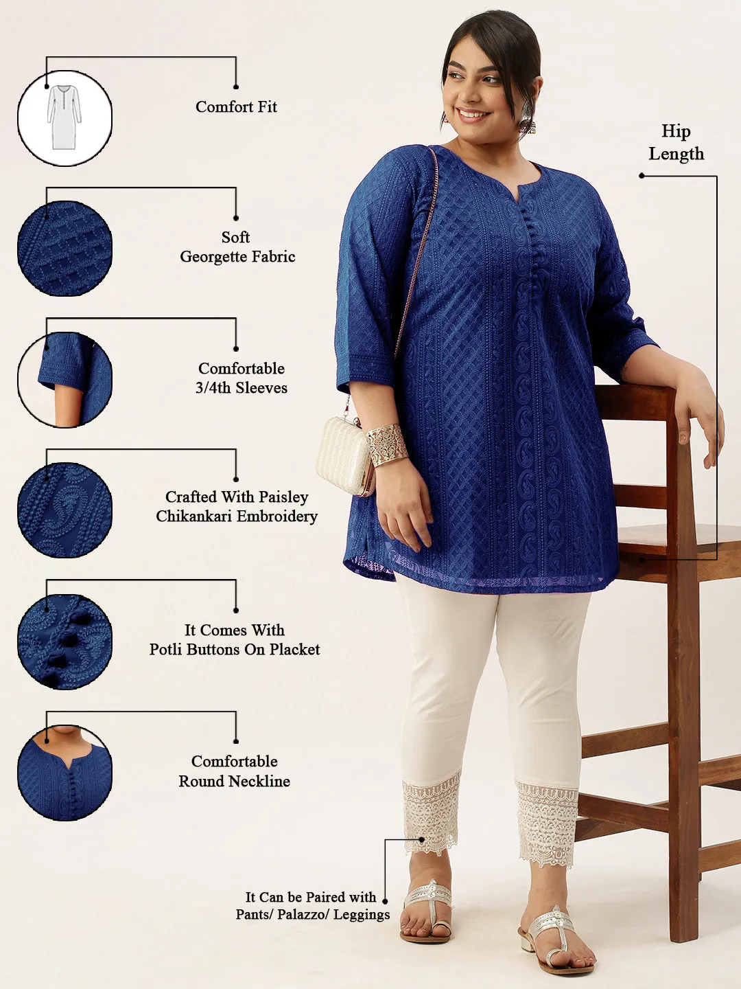 Navy Blue Paisley Embroidered Georgette Lucknowi Chikankari Thigh Length Tunic For Women - ZOLA