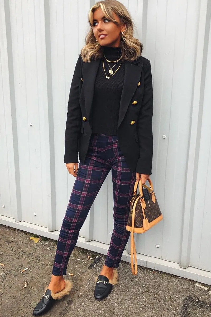 Navy Check High Waist Slim Fit Trousers - Sashya