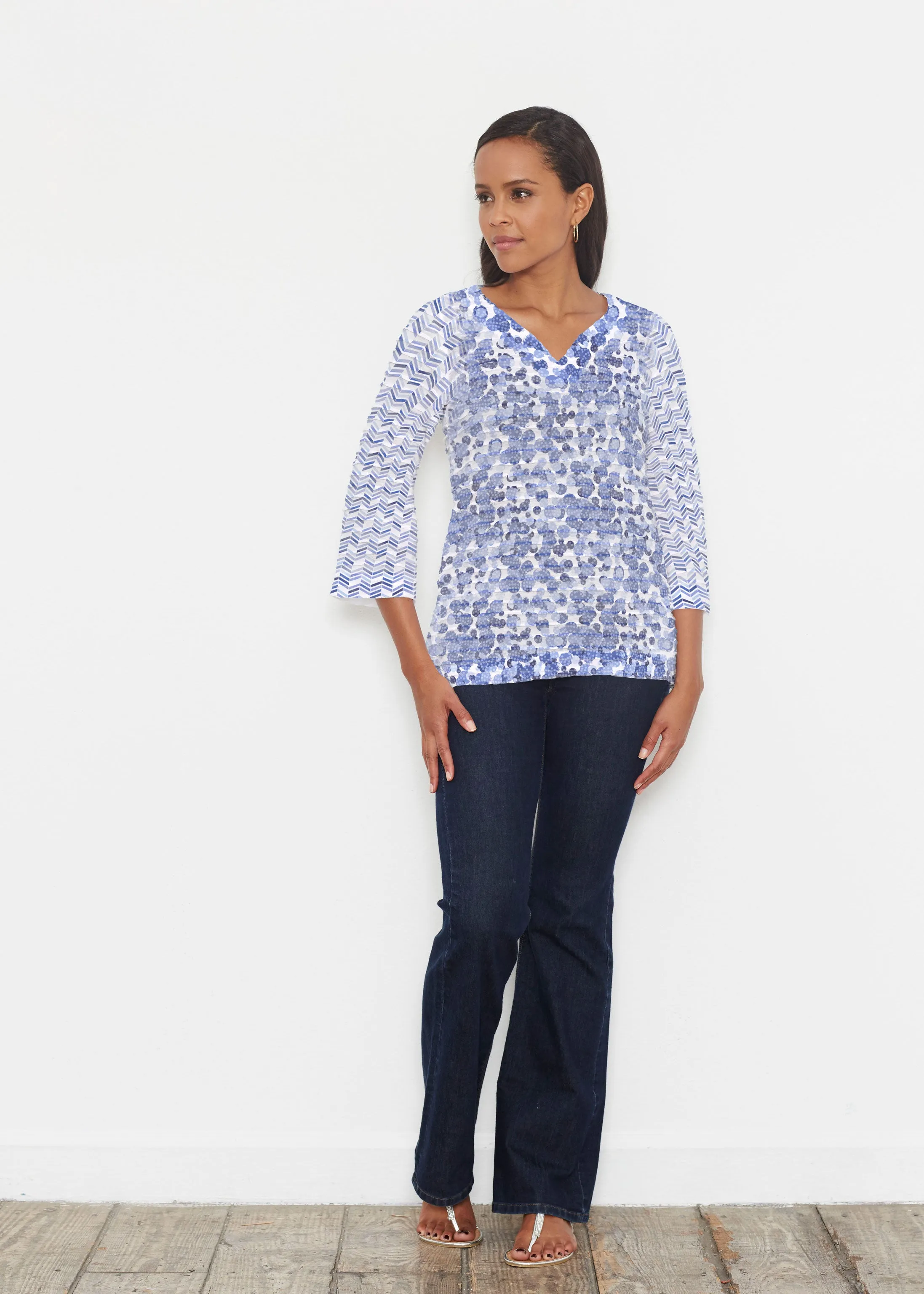 Oh Stamped (7784) ~ Banded 3/4 Bell-Sleeve V-Neck Tunic