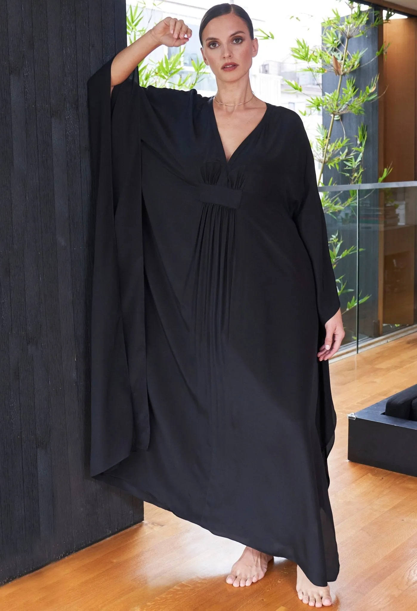 Olivia Black Silk Long Gathered Caftan