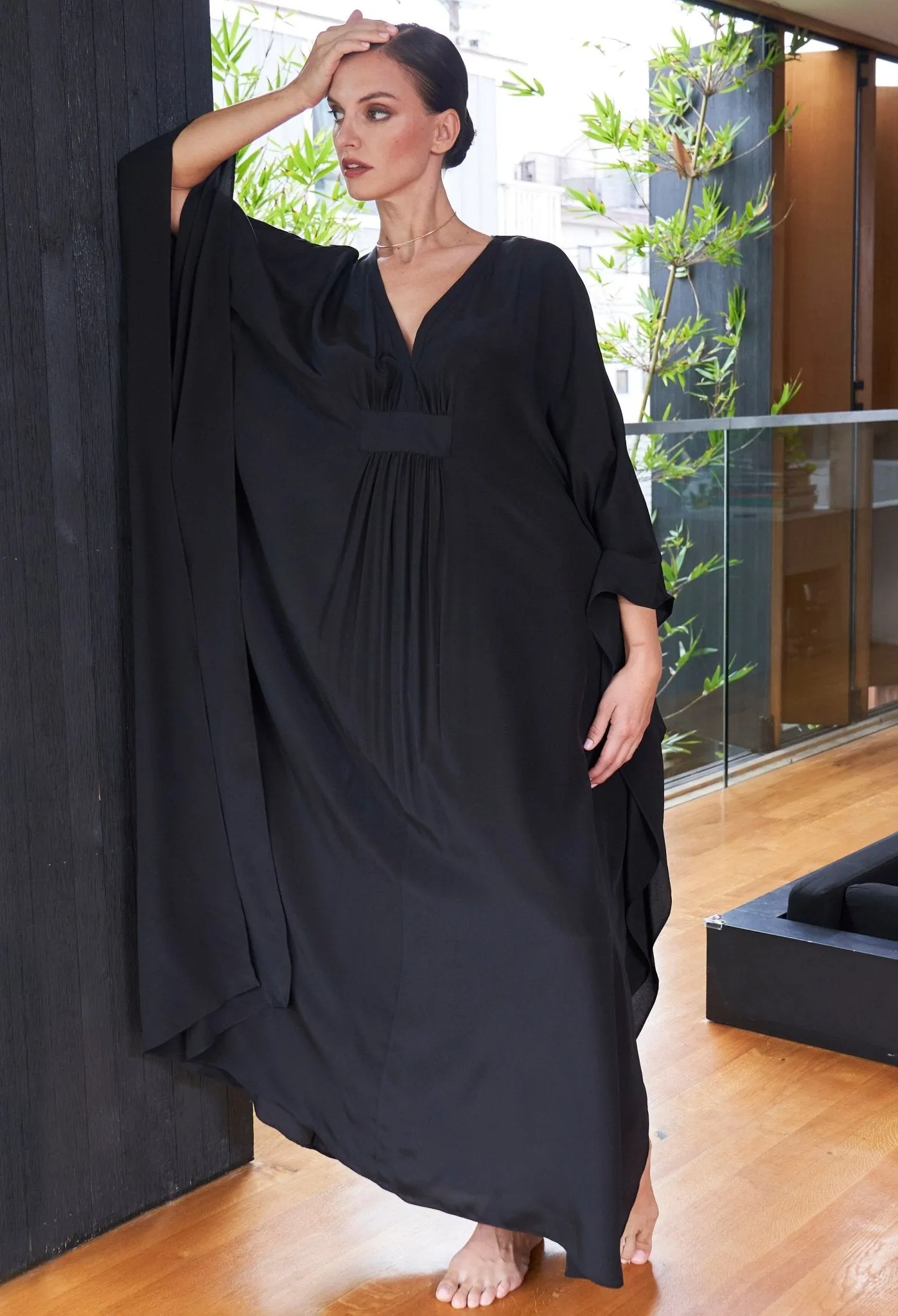 Olivia Black Silk Long Gathered Caftan