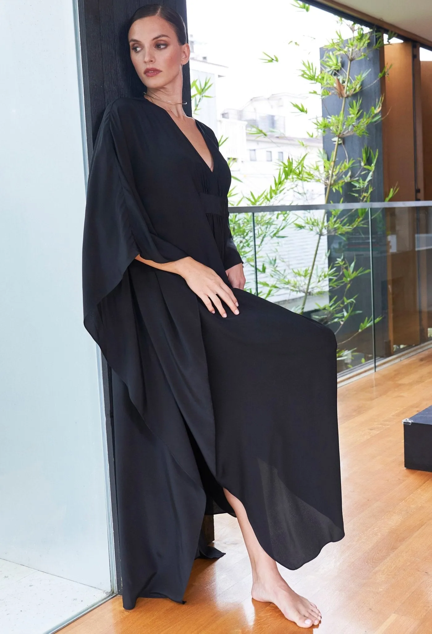Olivia Black Silk Long Gathered Caftan