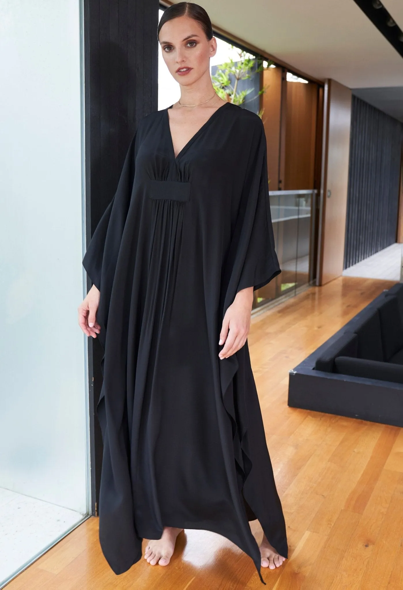 Olivia Black Silk Long Gathered Caftan