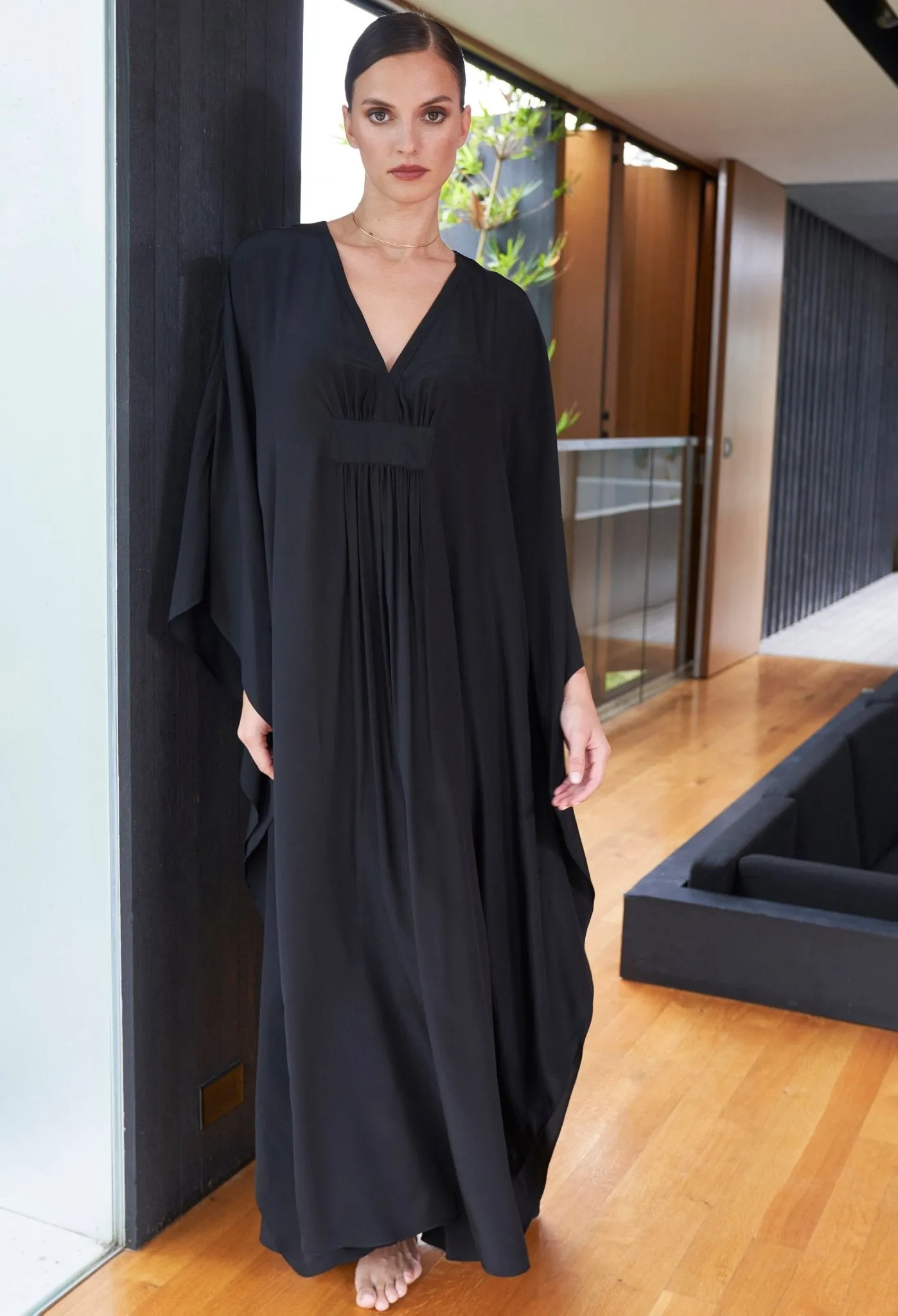 Olivia Black Silk Long Gathered Caftan