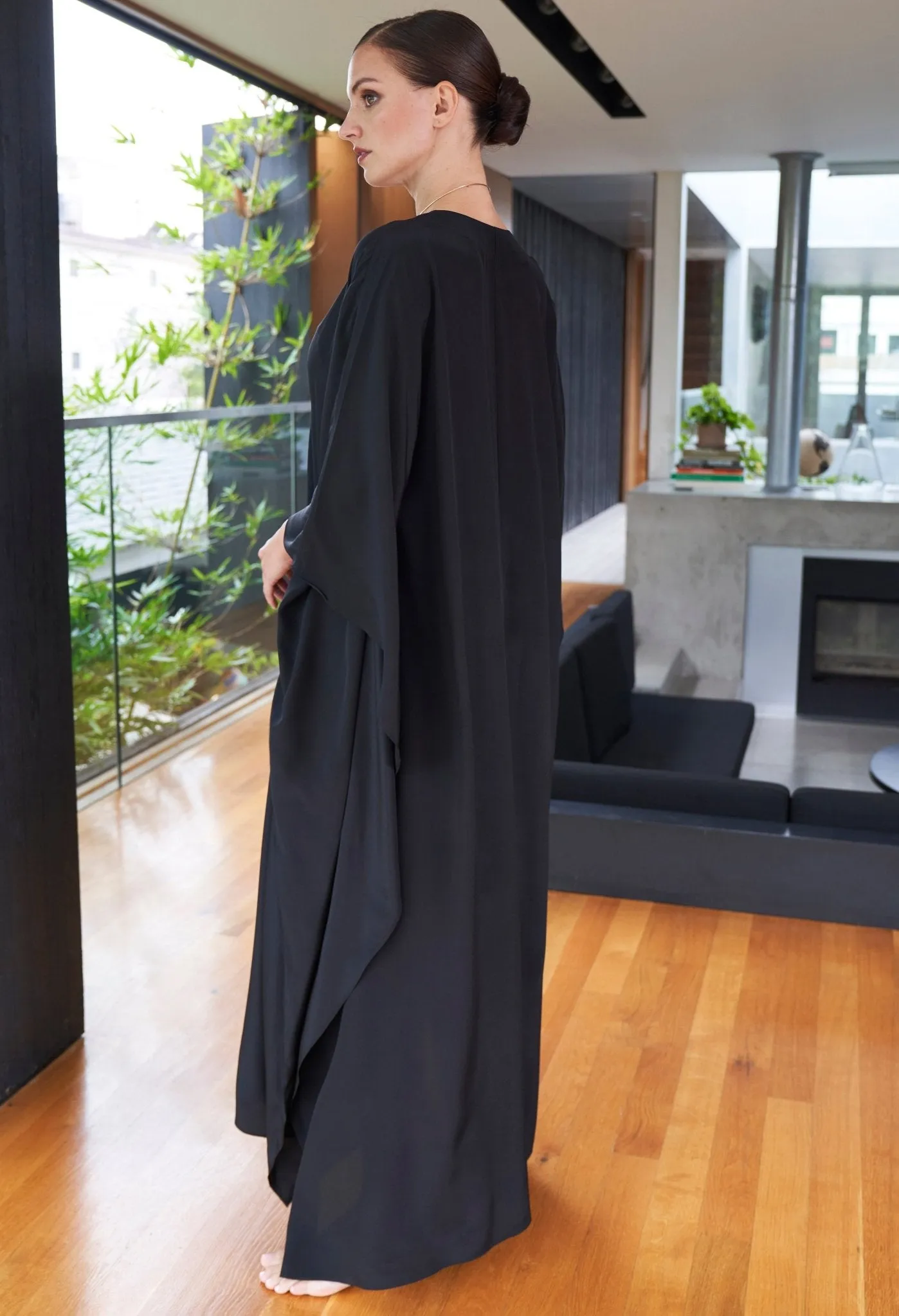 Olivia Black Silk Long Gathered Caftan