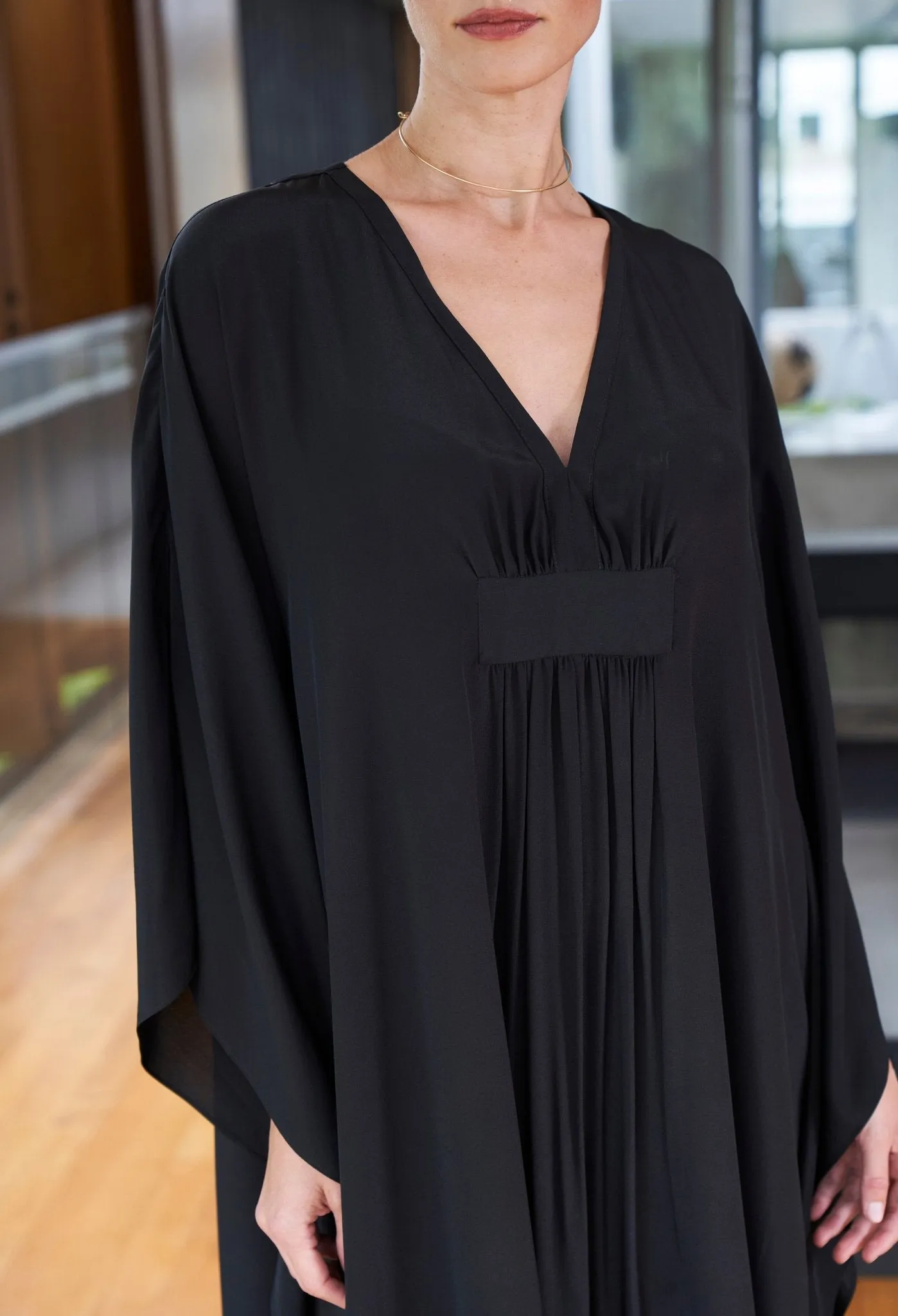 Olivia Black Silk Long Gathered Caftan