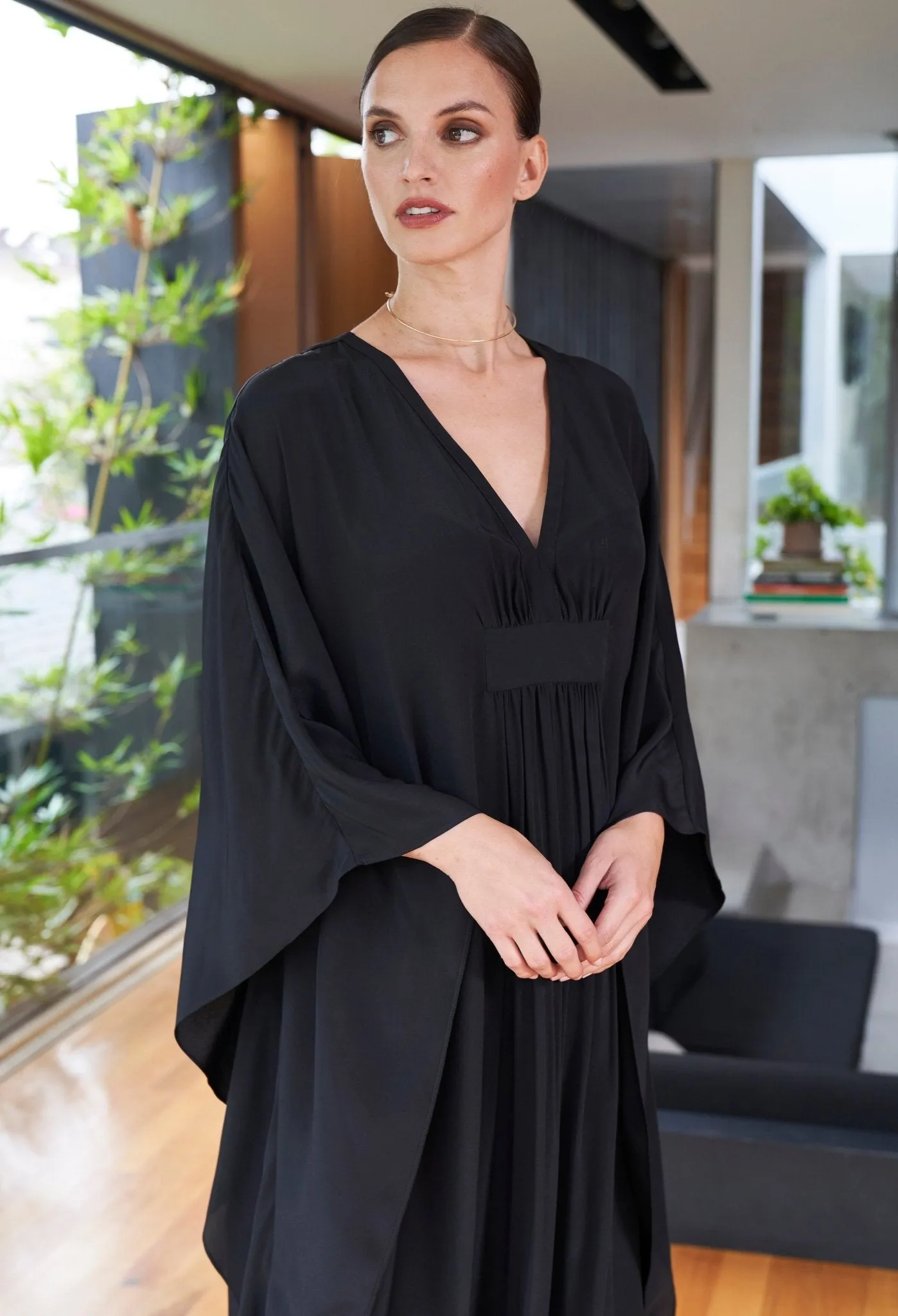 Olivia Black Silk Long Gathered Caftan