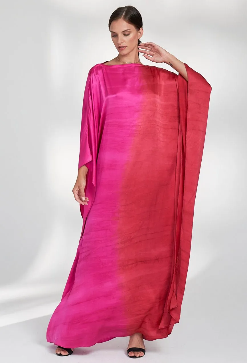 Ombre Fuchsia and Red Boatneck Silk Caftan
