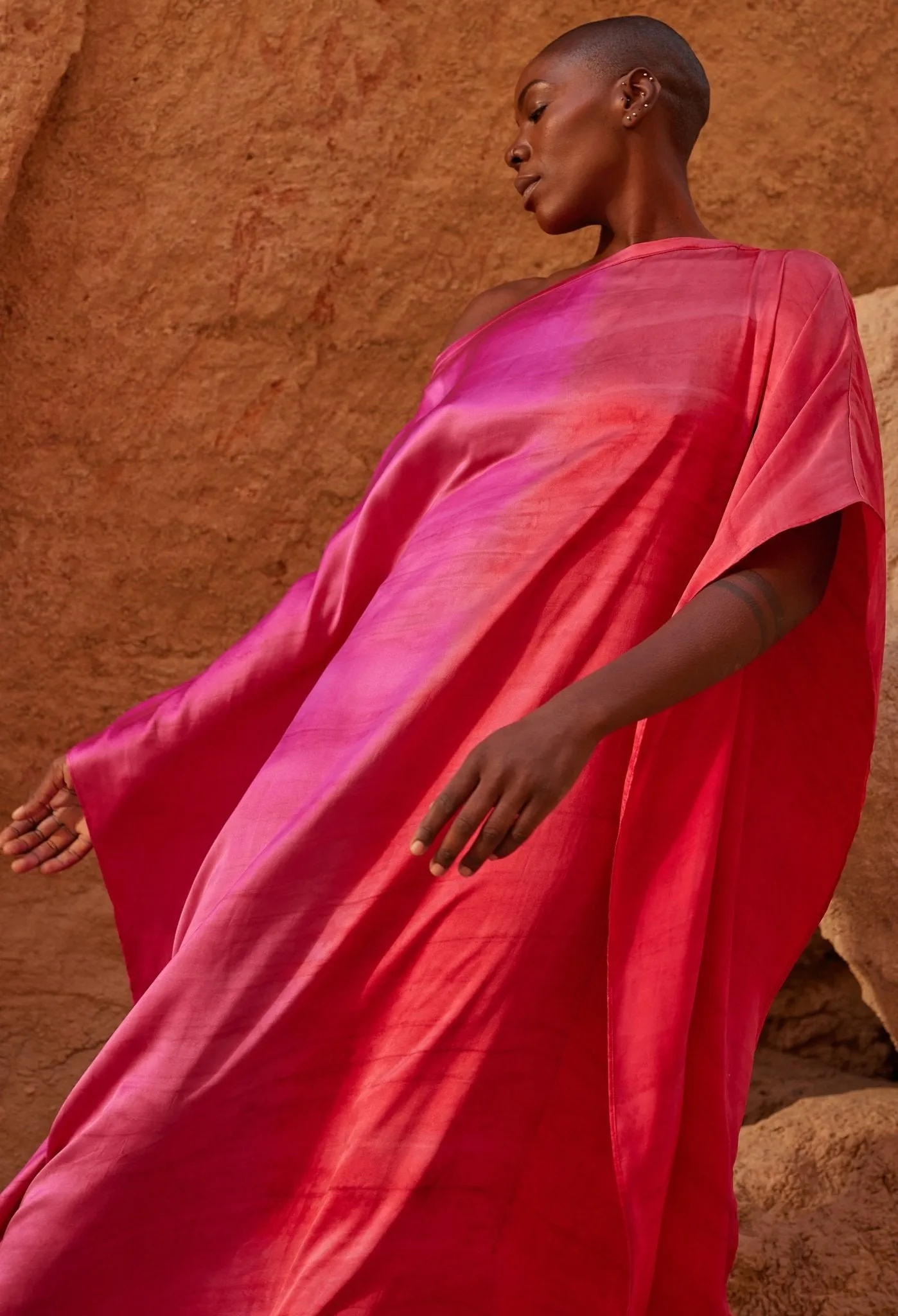 Ombre Fuchsia and Red Boatneck Silk Caftan