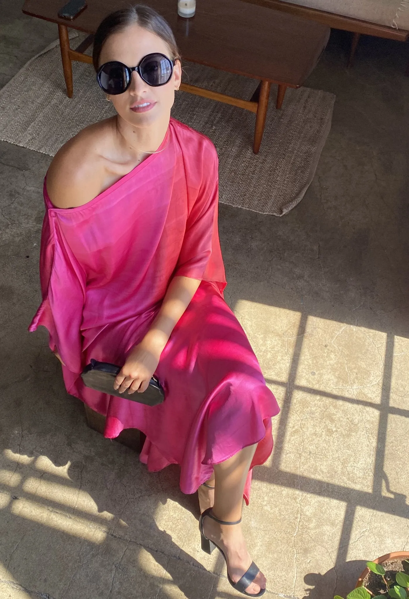 Ombre Fuchsia and Red Boatneck Silk Caftan