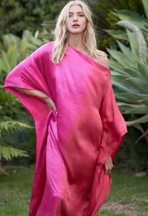 Ombre Fuchsia and Red Boatneck Silk Caftan