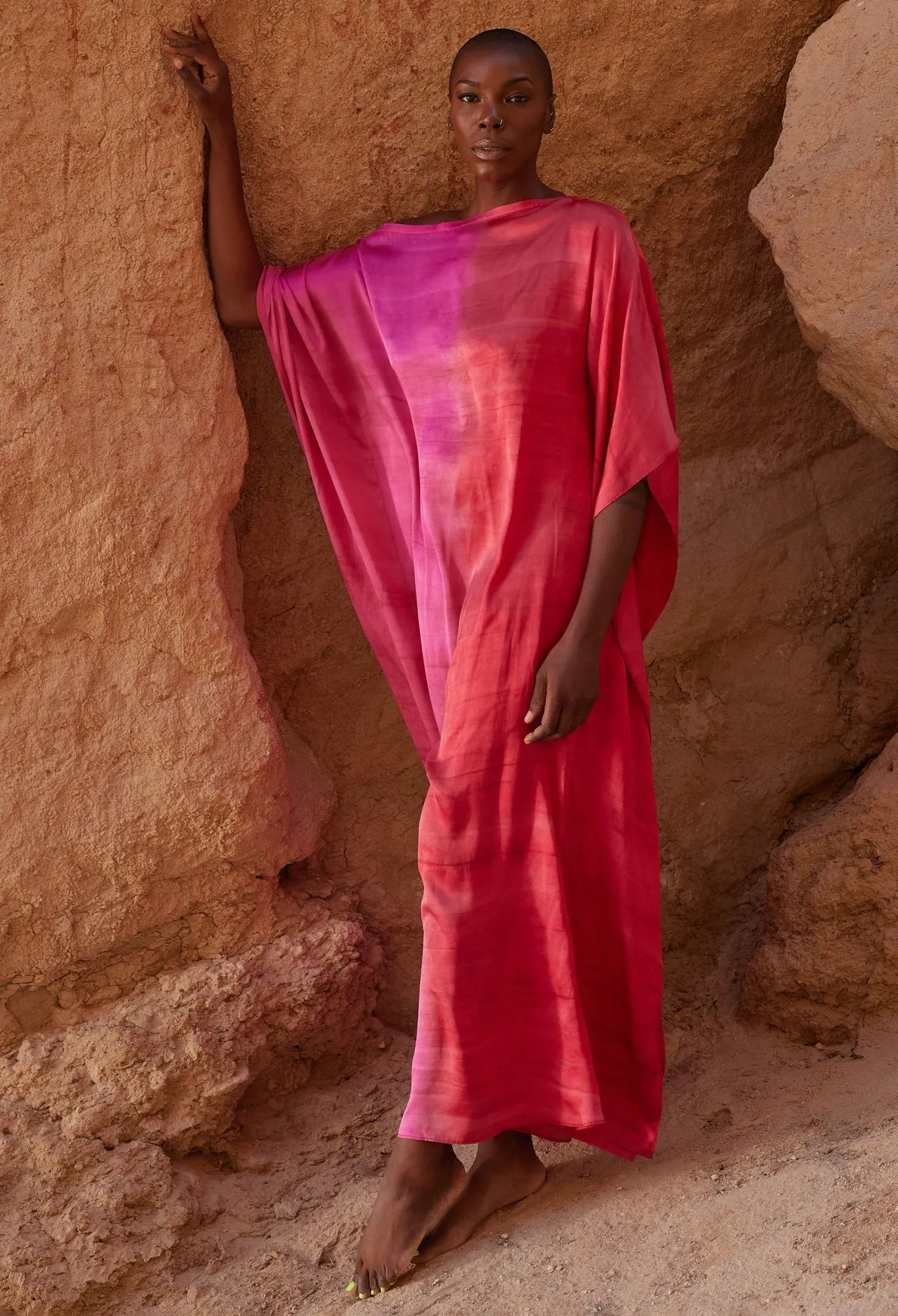Ombre Fuchsia and Red Boatneck Silk Caftan