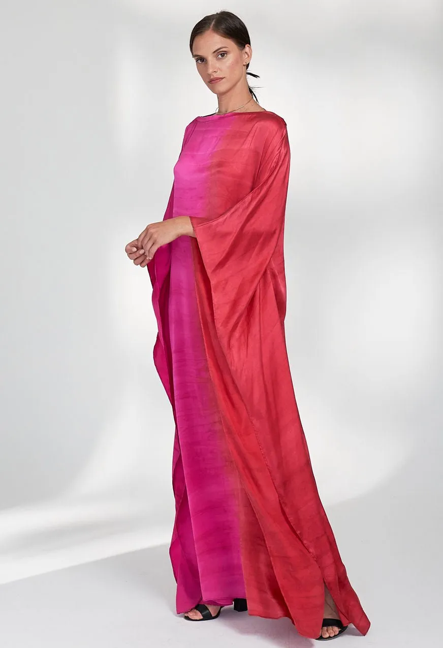 Ombre Fuchsia and Red Boatneck Silk Caftan