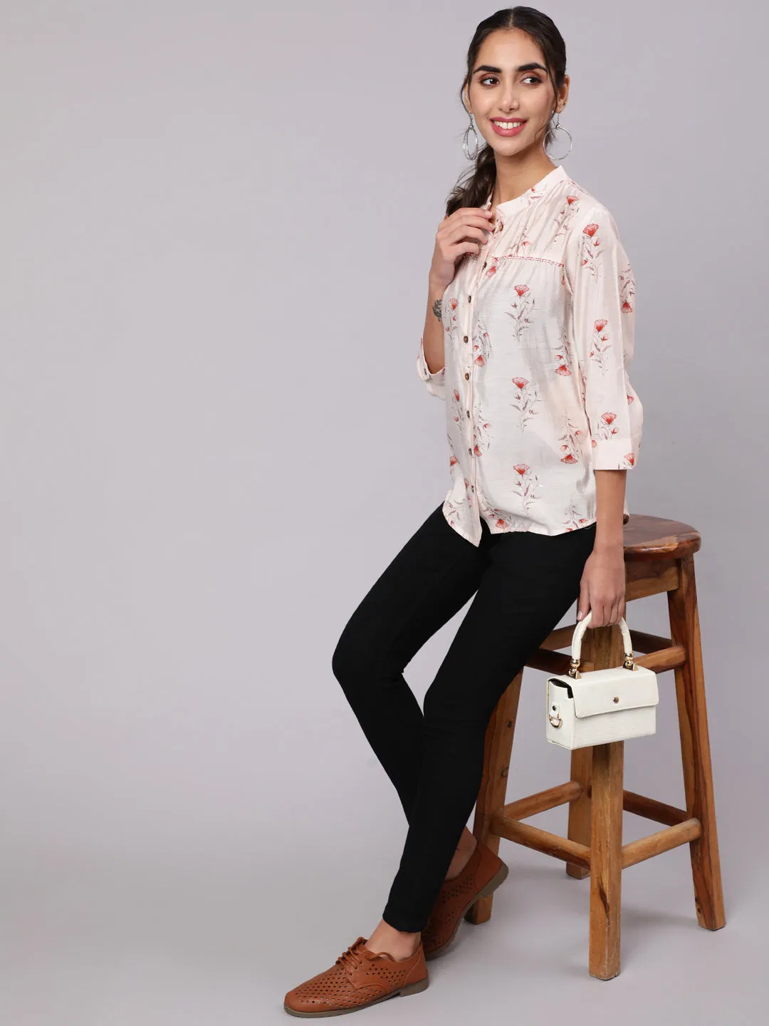 Orange Chanderi Foil Printed Embroidered Shirt With Curved Hem