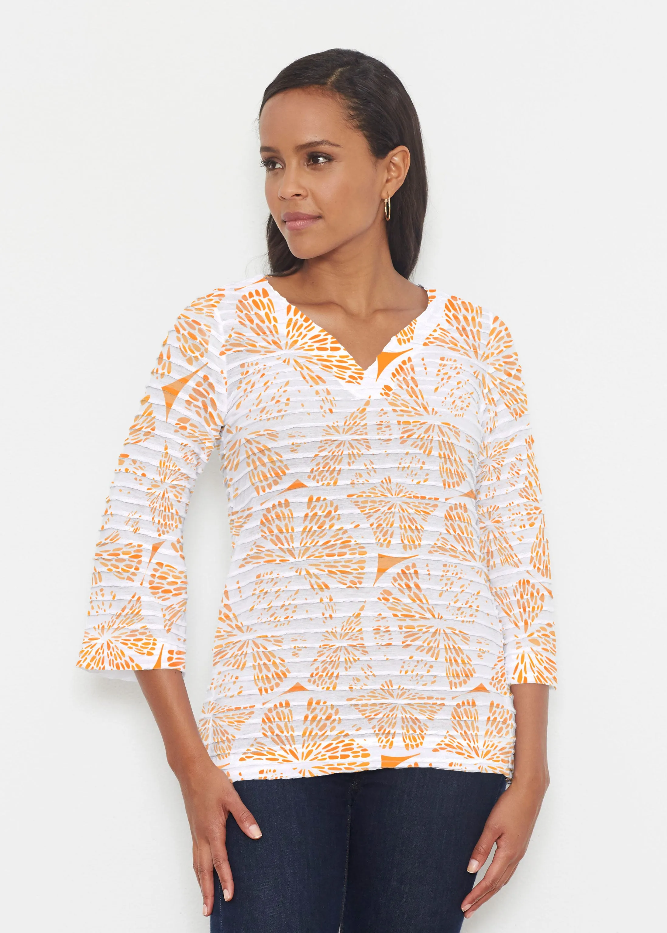 Orange Citrus (7862) ~ Banded 3/4 Bell-Sleeve V-Neck Tunic