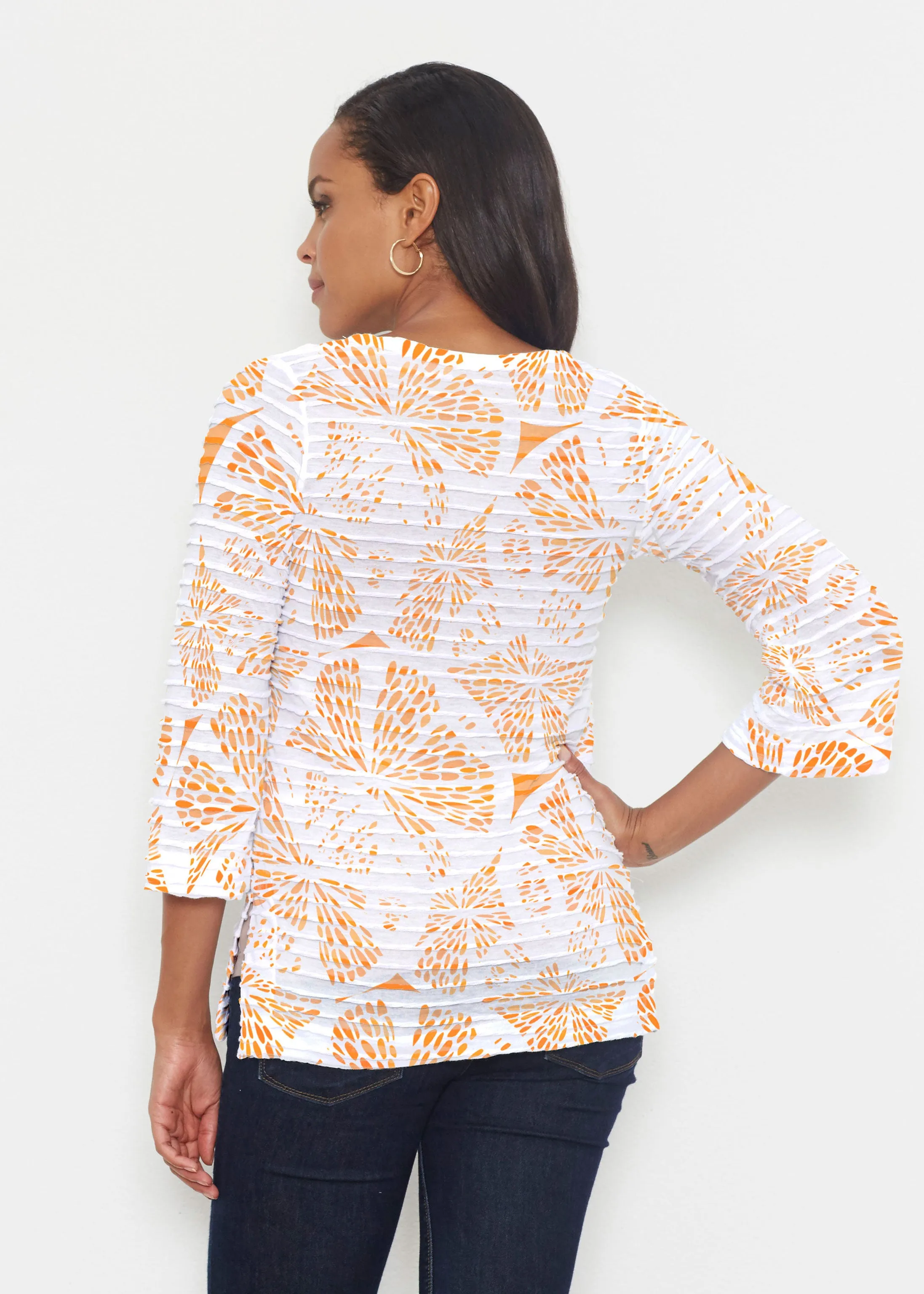 Orange Citrus (7862) ~ Banded 3/4 Bell-Sleeve V-Neck Tunic
