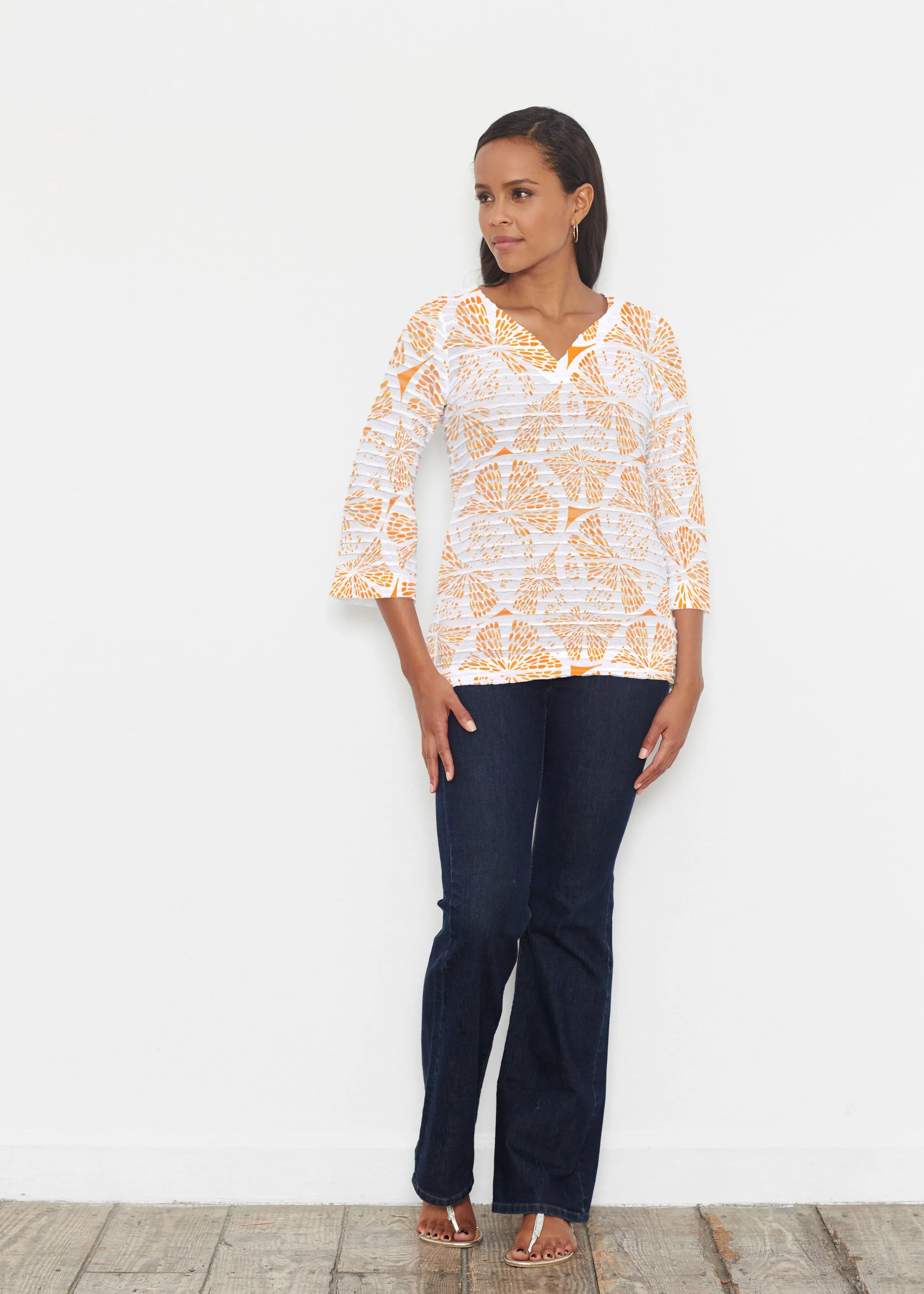 Orange Citrus (7862) ~ Banded 3/4 Bell-Sleeve V-Neck Tunic