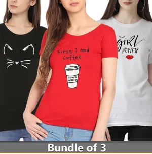 Pack Of 3 Cotton Halfsleeves Oneck Tshirt For Women