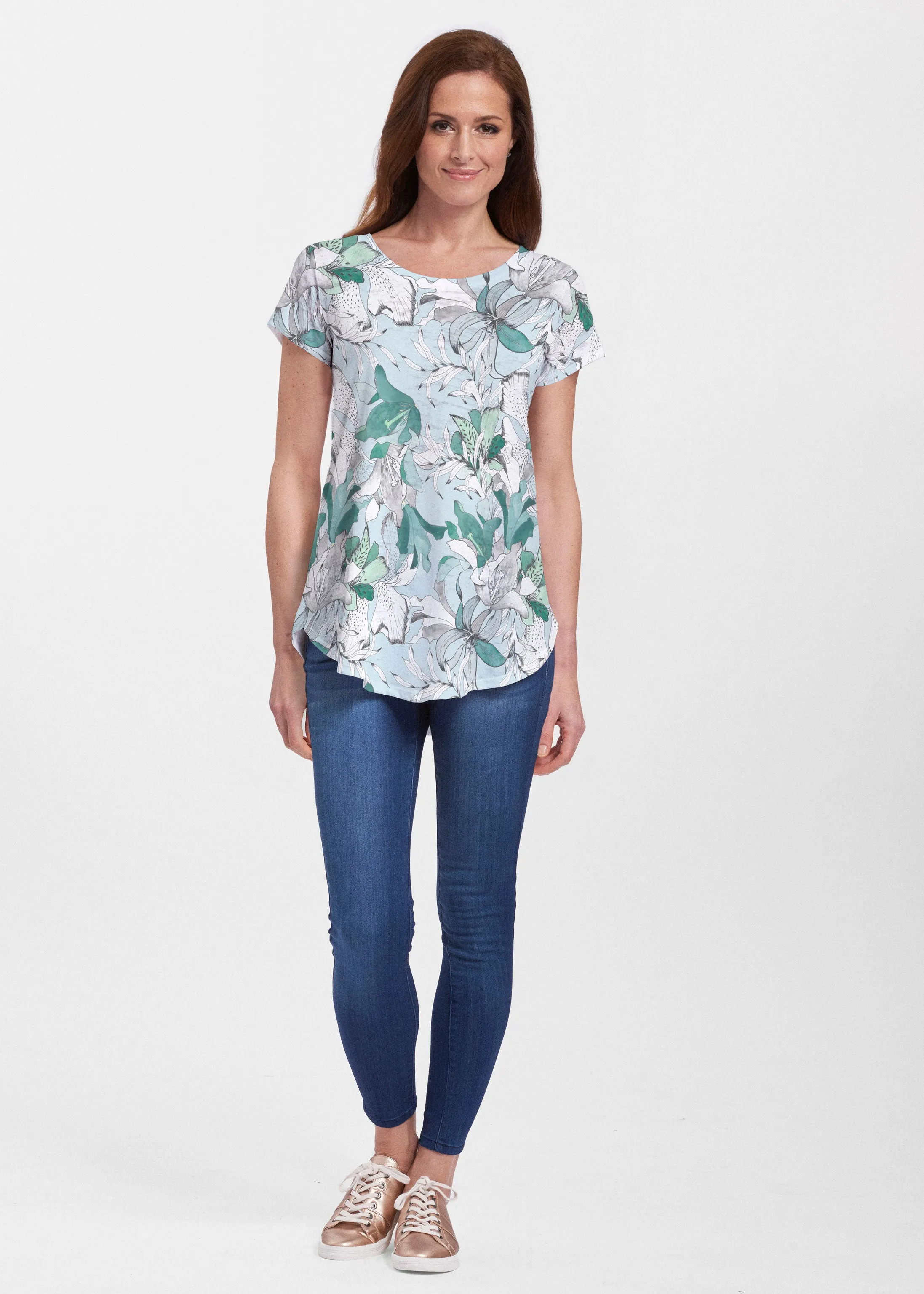 Pen and Ink Lily Seafoam (7621) ~ Signature Short Sleeve Scoop Neck Flowy Tunic