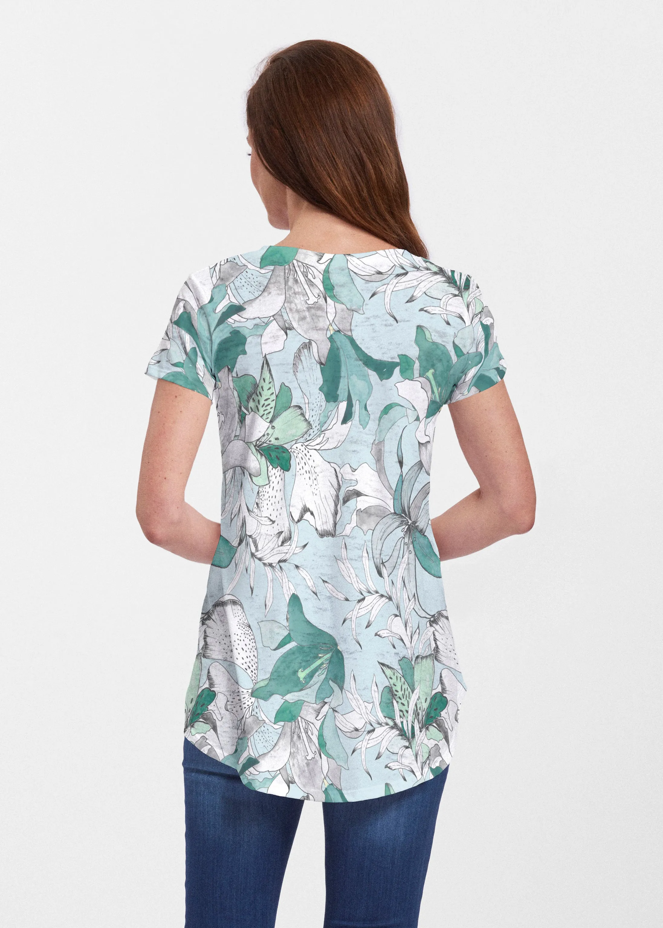 Pen and Ink Lily Seafoam (7621) ~ Signature Short Sleeve Scoop Neck Flowy Tunic