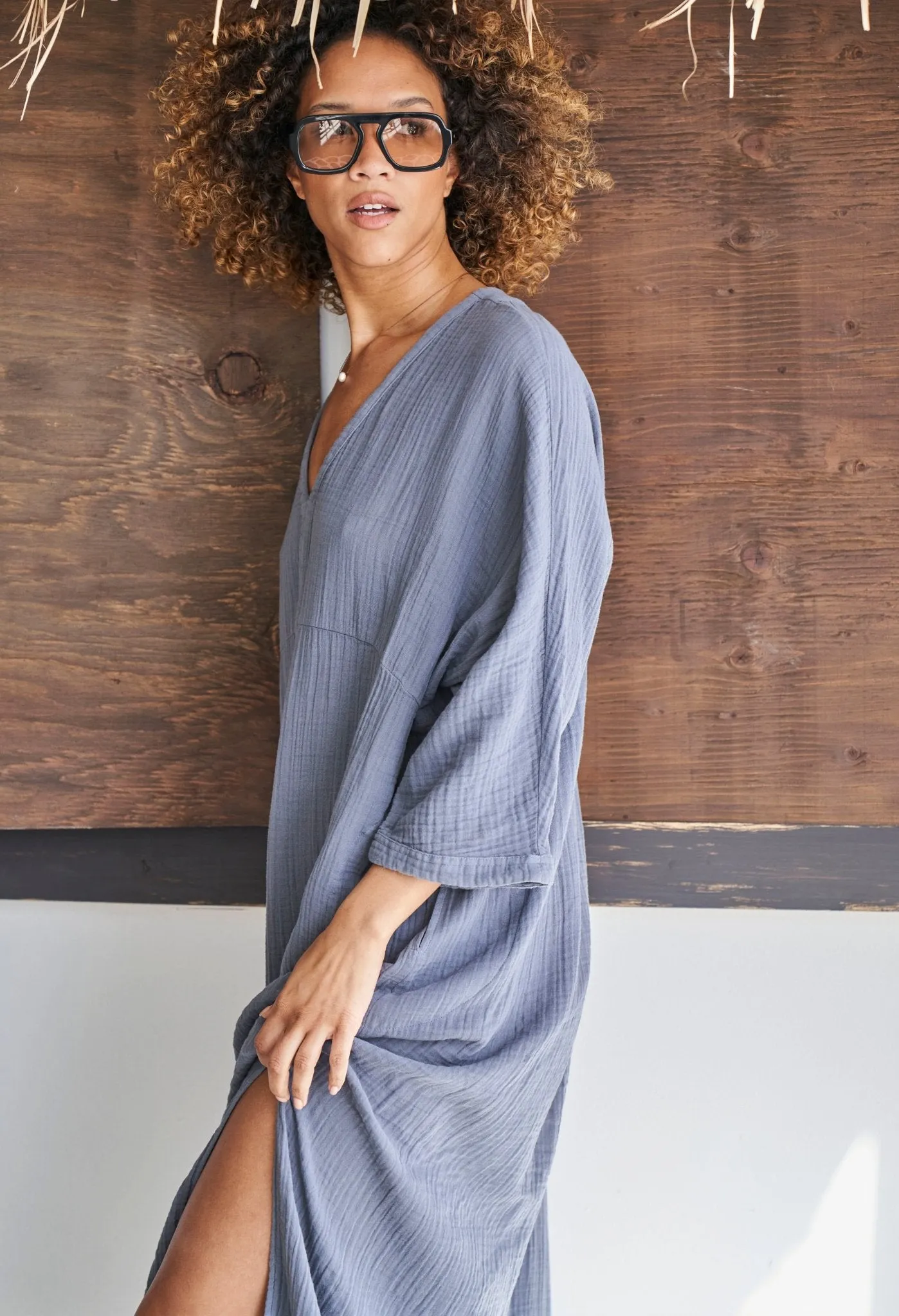 Petrol Cotton Gauze Arc Seam Caftan
