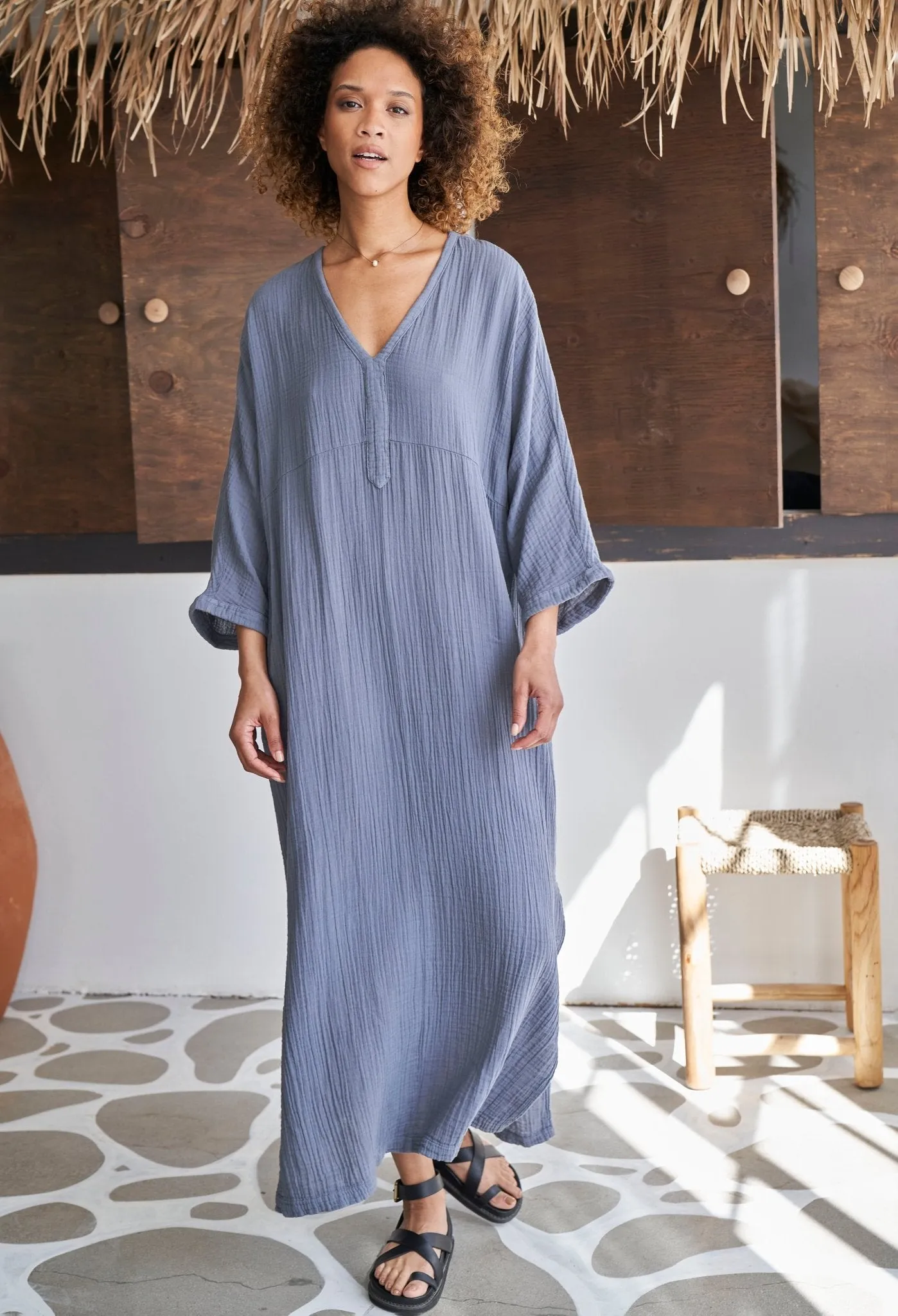 Petrol Cotton Gauze Arc Seam Caftan