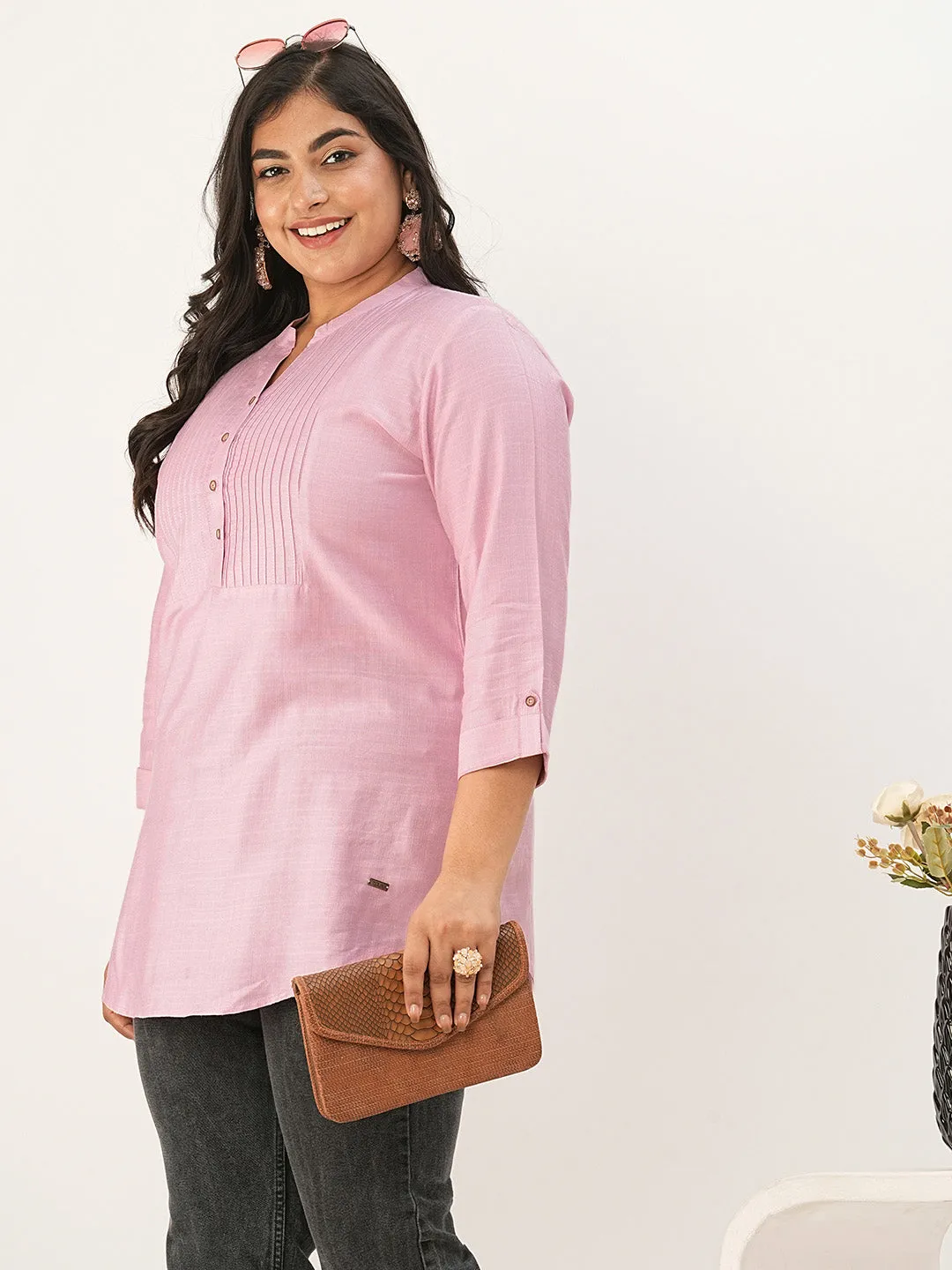 Pink Comfort Fit Rayon Tunics for Women Online India Hip Length Straight - Zola