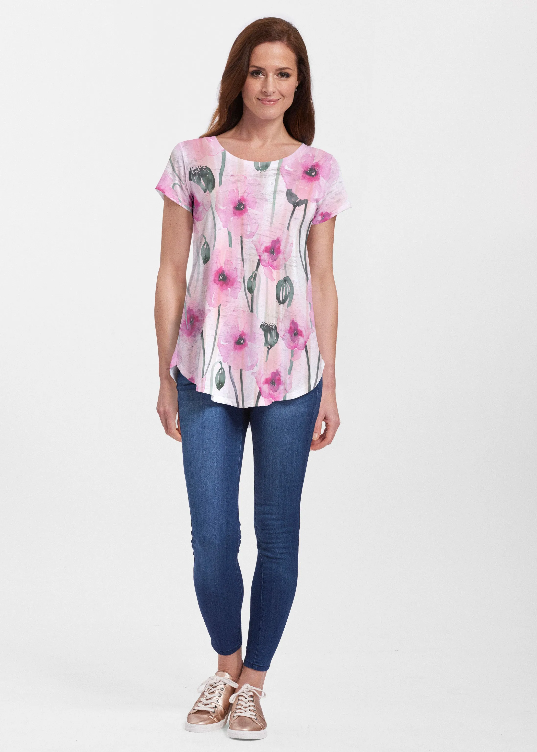 Pink Poppies (16157) ~ Signature Short Sleeve Scoop Neck Flowy Tunic