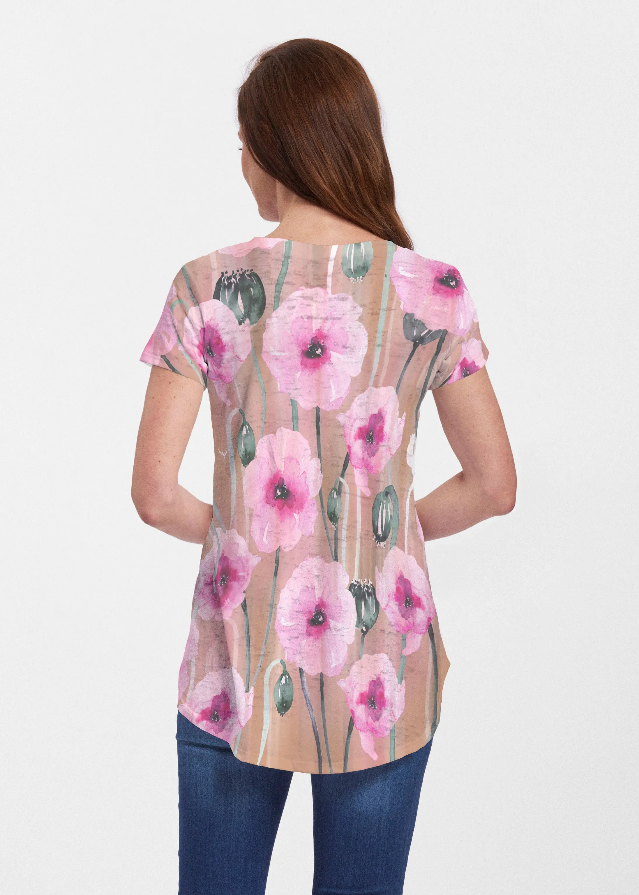 Pink Poppies (16157) ~ Signature Short Sleeve Scoop Neck Flowy Tunic