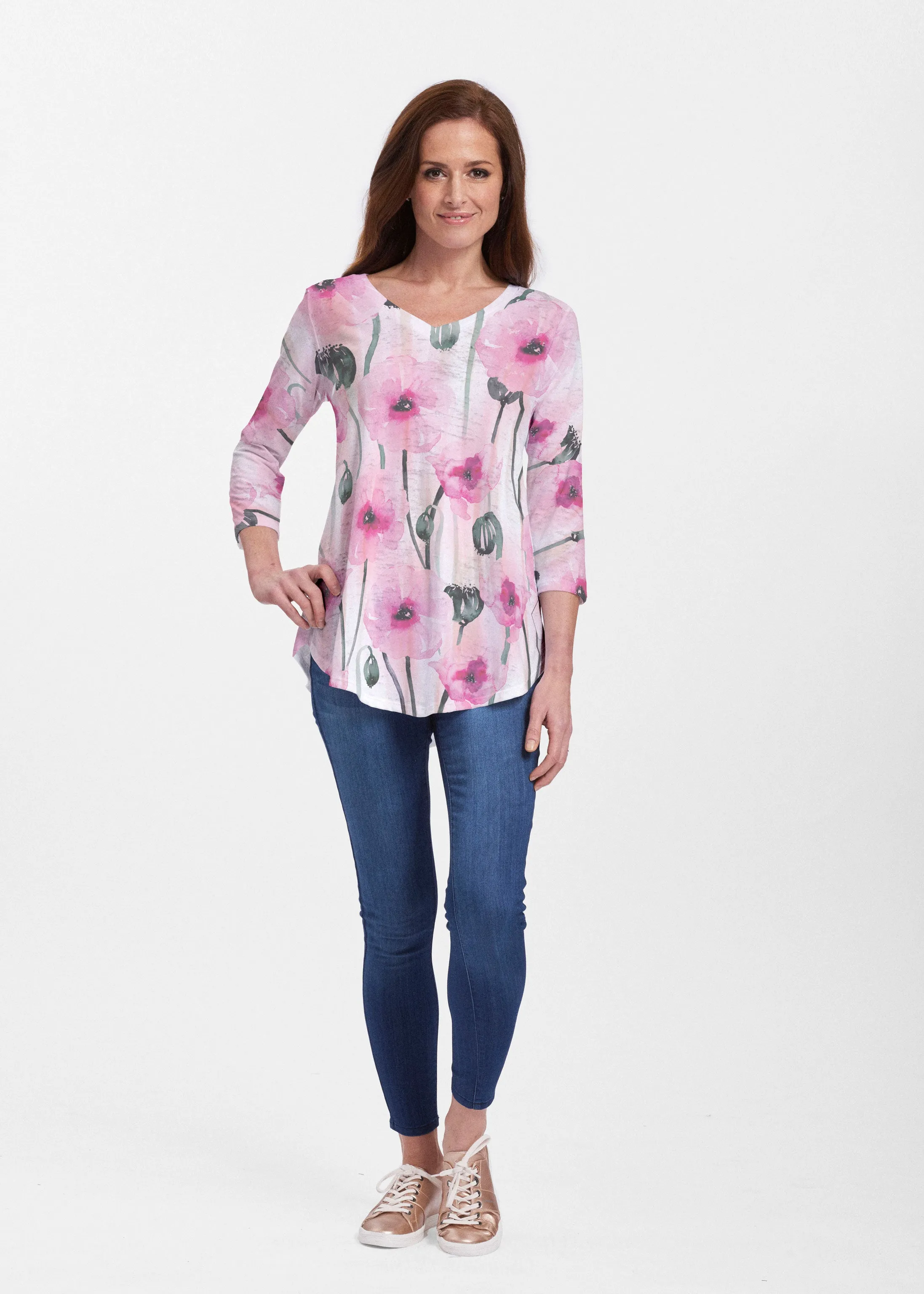 Pink Poppies (16157) ~ Signature V-neck Flowy Tunic