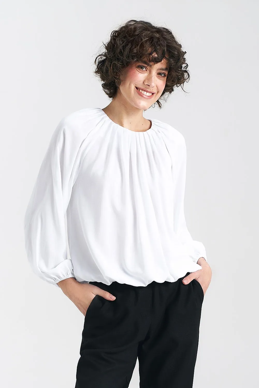 Pleated Neckline Loose Blouse