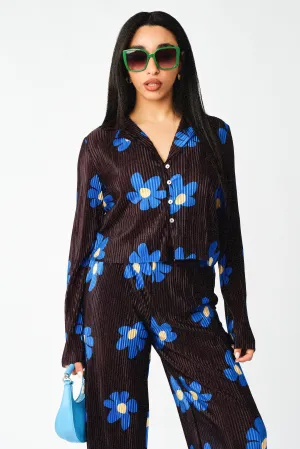 Plisse Solid Pleat Floral Print Open Collar Shirt