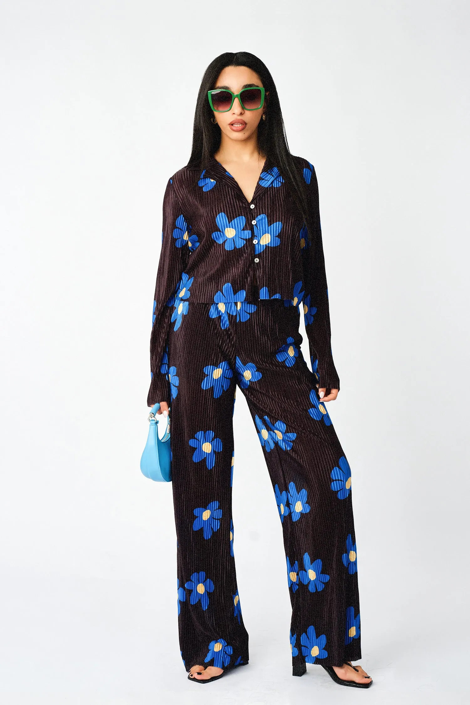 Plisse Solid Pleat Floral Print Open Collar Shirt