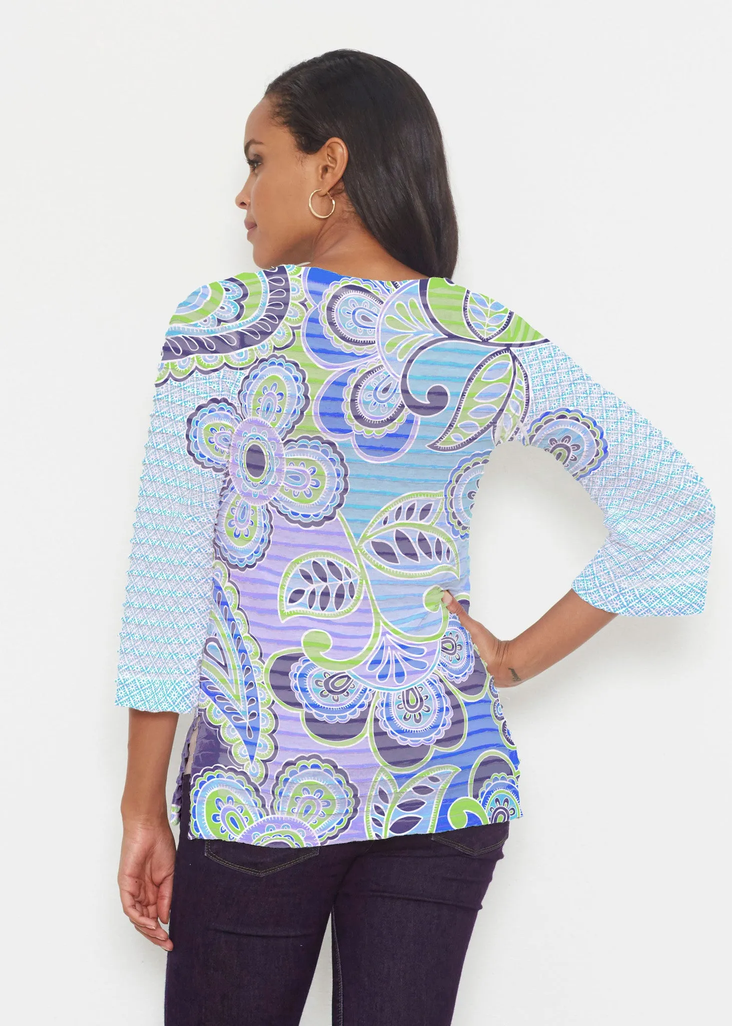 Pop Paisley Blue (13233) ~ Banded 3/4 Bell-Sleeve V-Neck Tunic