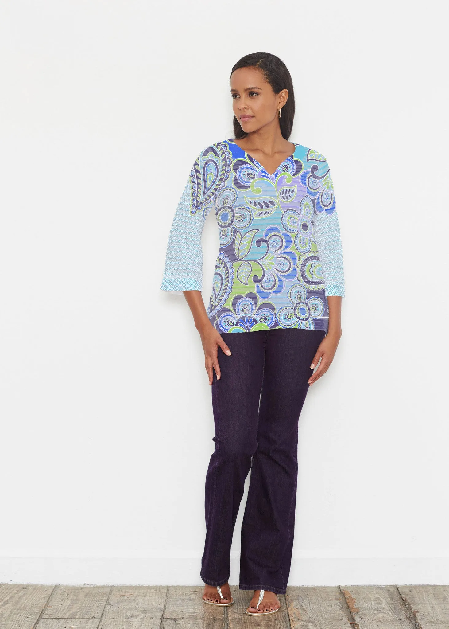 Pop Paisley Blue (13233) ~ Banded 3/4 Bell-Sleeve V-Neck Tunic