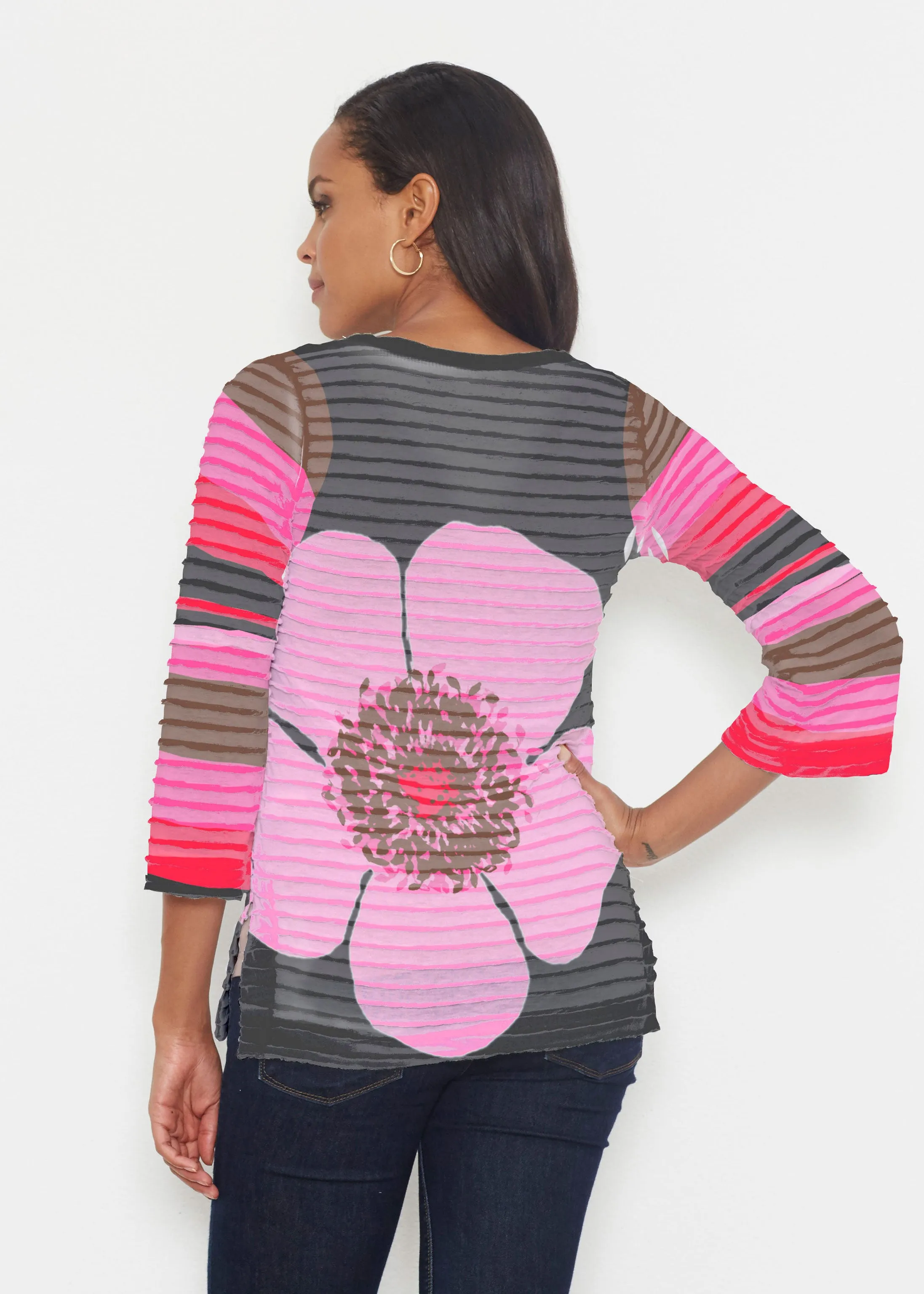 Poppy Black Stripes (7100) ~ Banded 3/4 Bell-Sleeve V-Neck Tunic