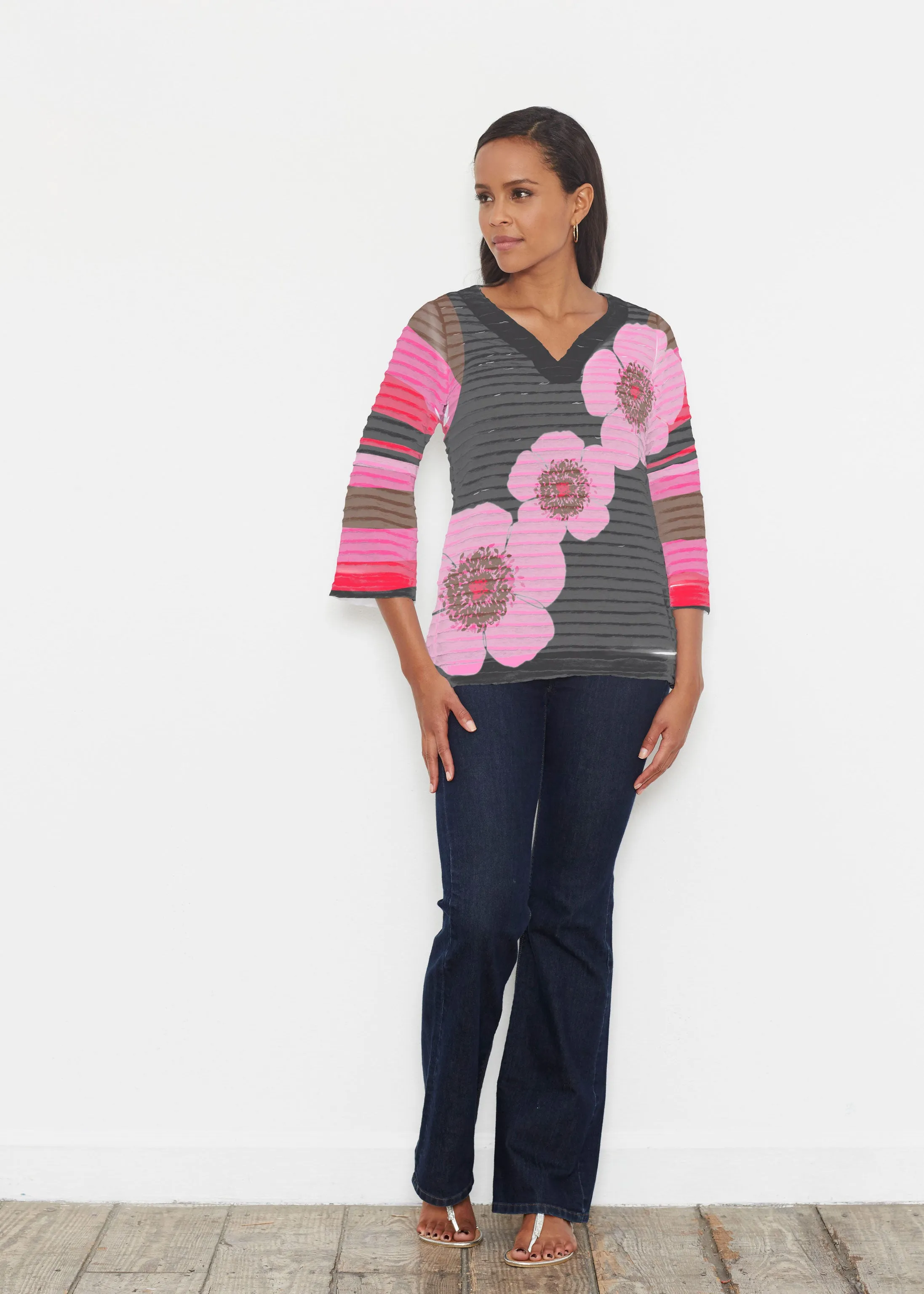 Poppy Black Stripes (7100) ~ Banded 3/4 Bell-Sleeve V-Neck Tunic