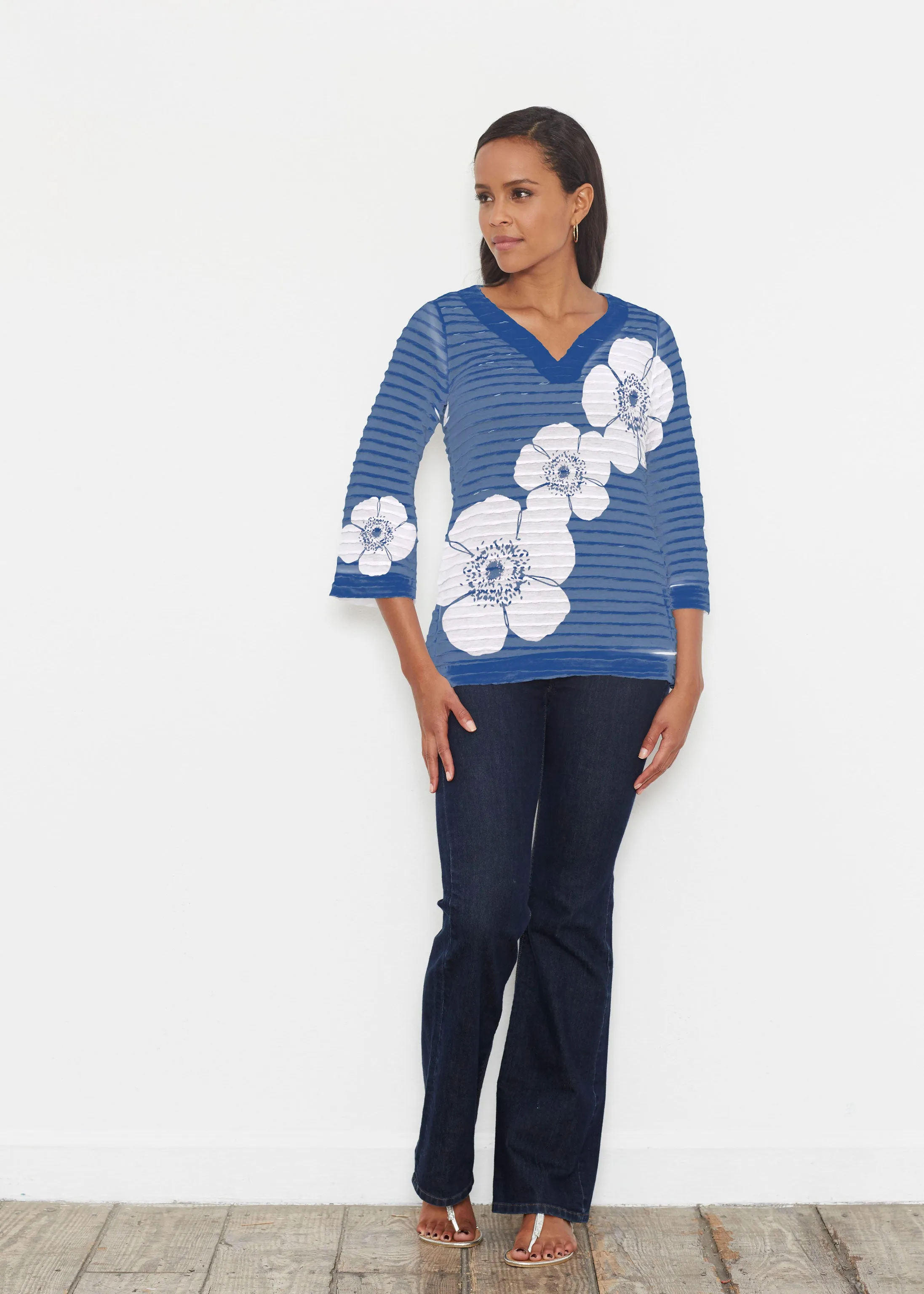 Poppy Navy (7013) ~ Banded 3/4 Bell-Sleeve V-Neck Tunic
