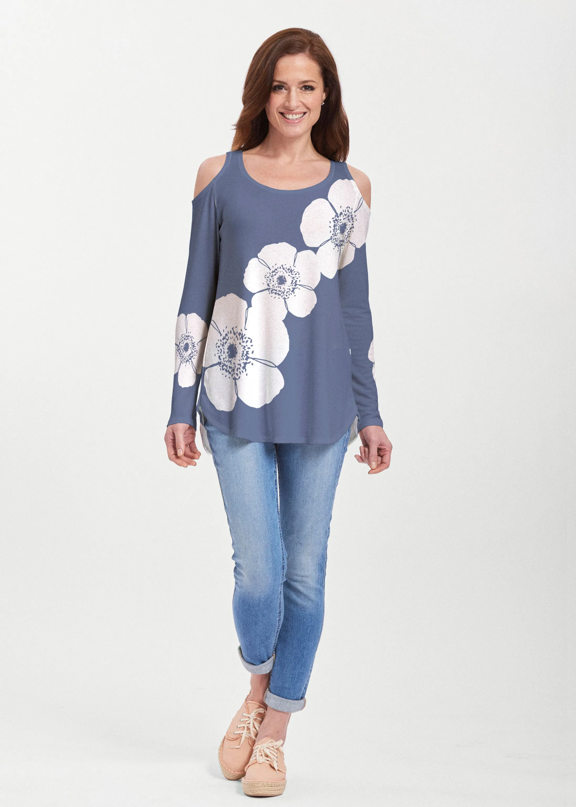 Poppy Navy (7013) ~ Butterknit Cold Shoulder Tunic