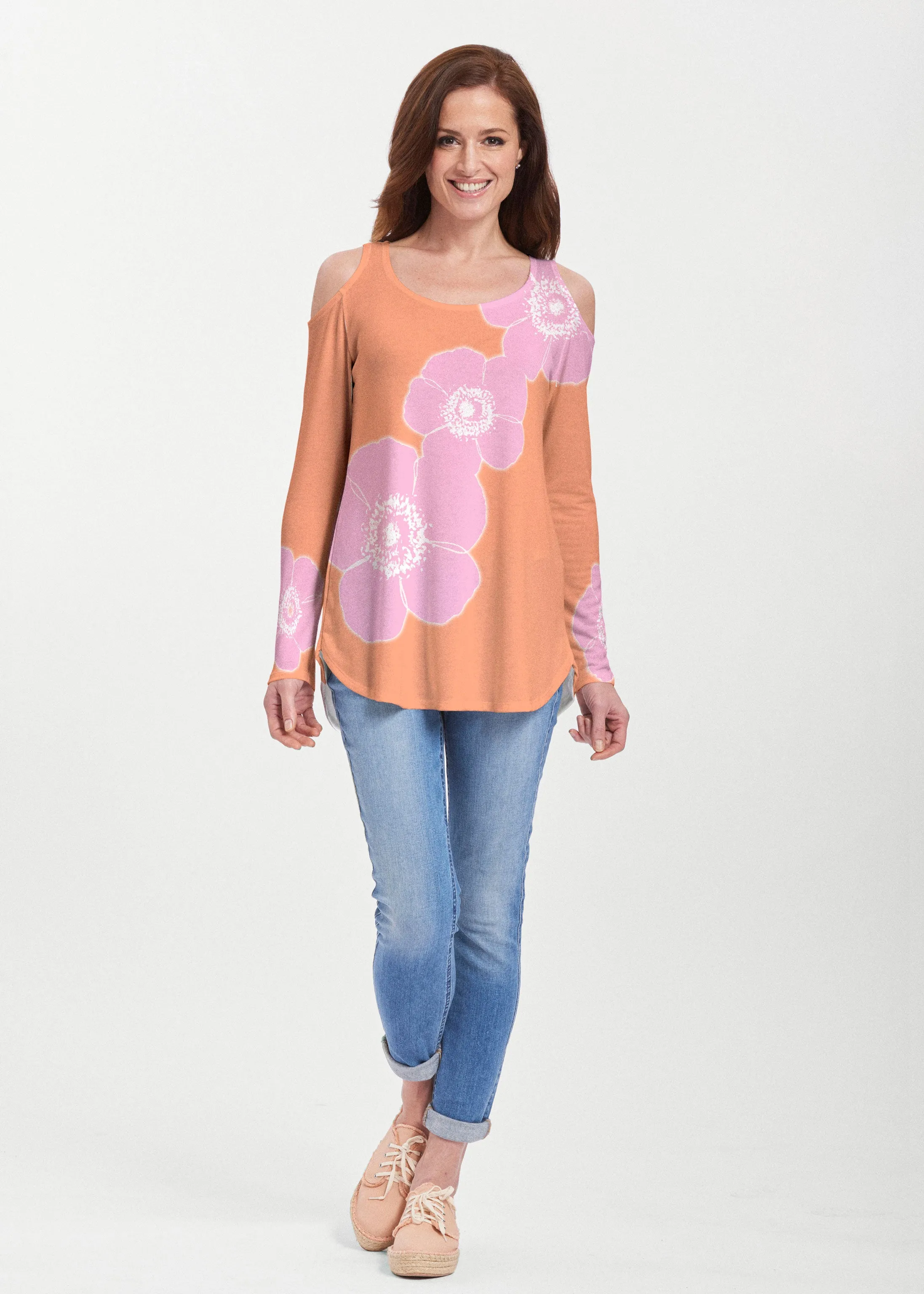 Poppy Orange-Pink (7108) ~ Butterknit Cold Shoulder Tunic