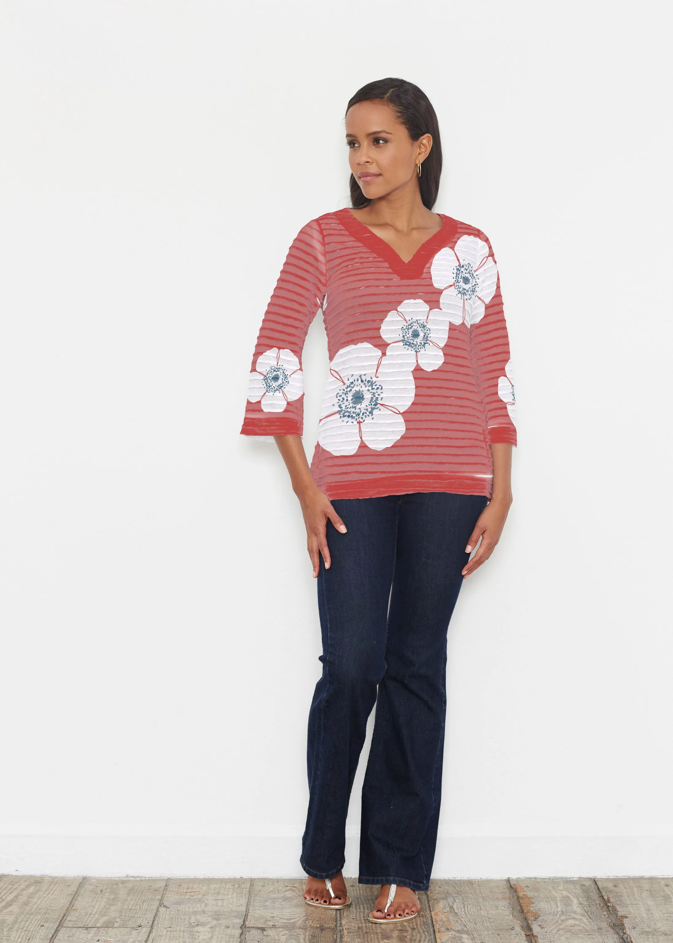 Poppy Red (7015) ~ Banded 3/4 Bell-Sleeve V-Neck Tunic