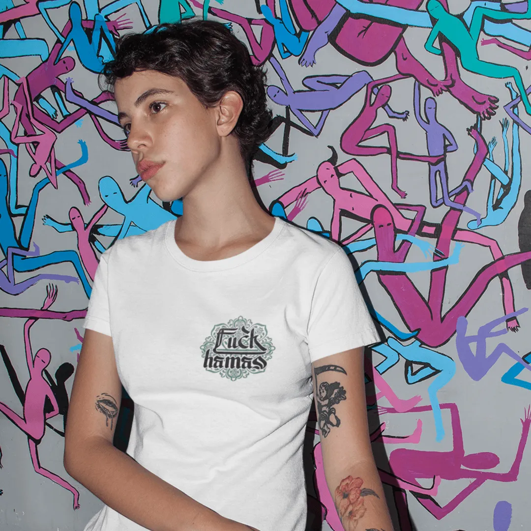 "Fuck Hamas Arabesque" White Custom T-Shirt for Women | Art by Ori Bejerano