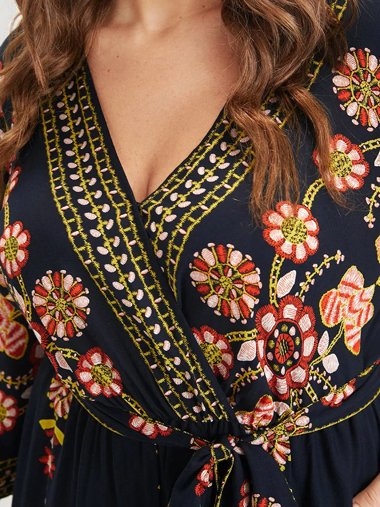 Random Floral Print Elastic Waist Pocket Belted Wrap Jumpsuit