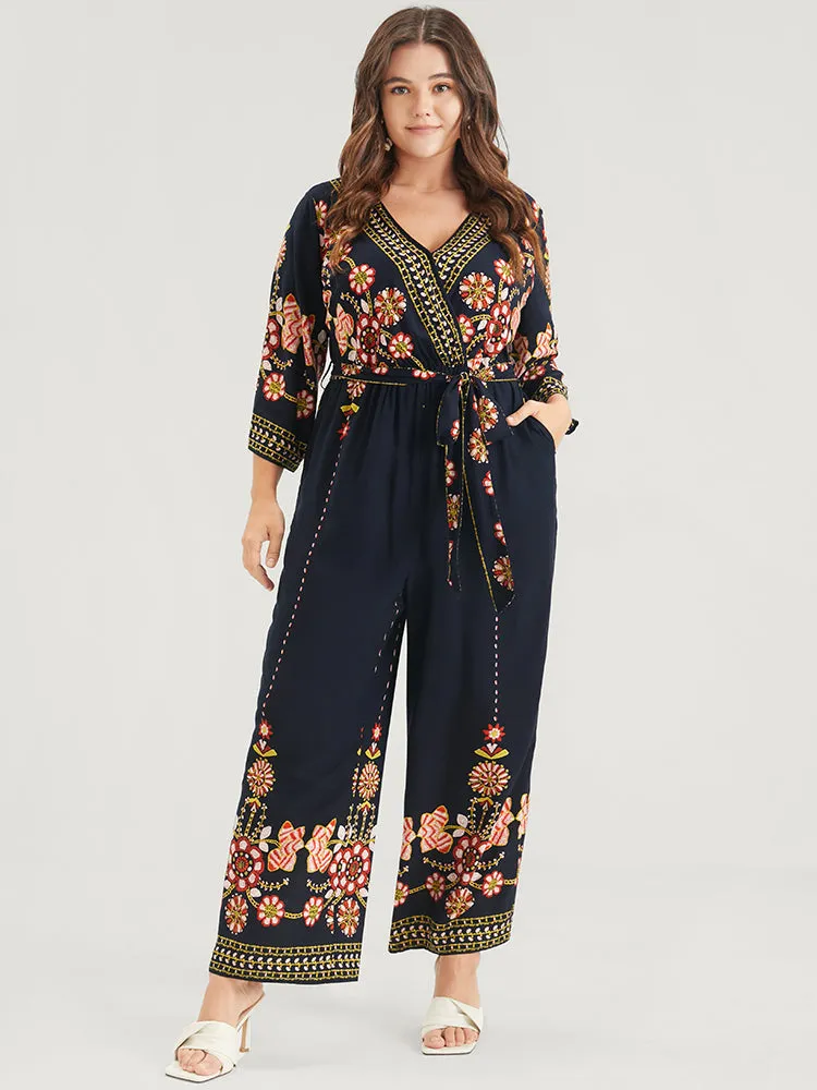 Random Floral Print Elastic Waist Pocket Belted Wrap Jumpsuit