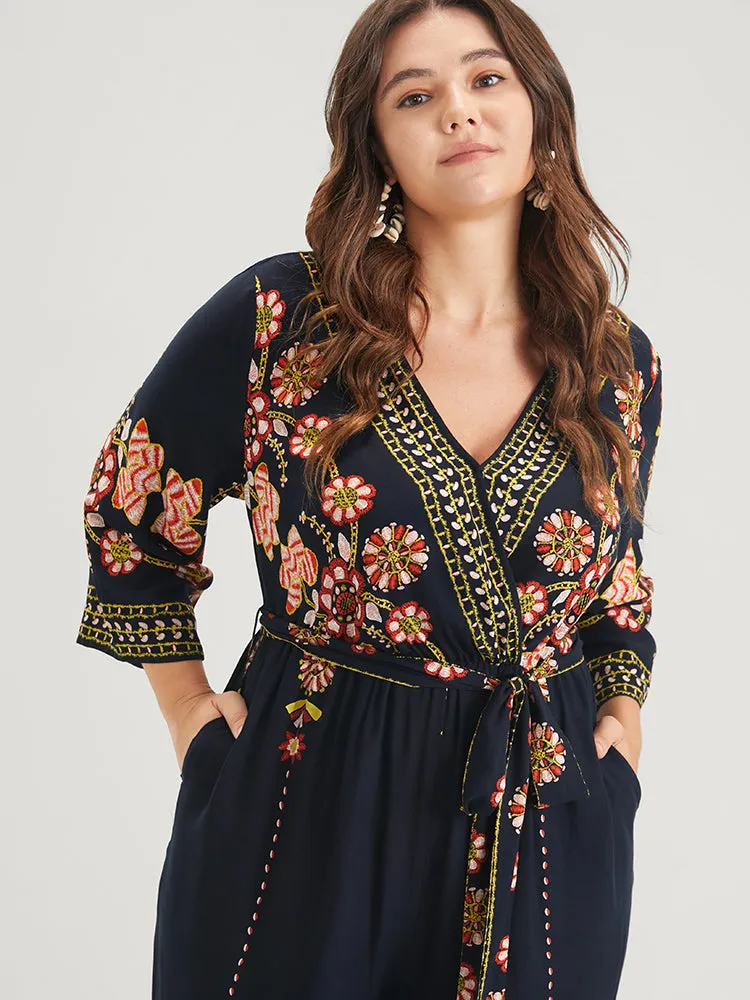 Random Floral Print Elastic Waist Pocket Belted Wrap Jumpsuit