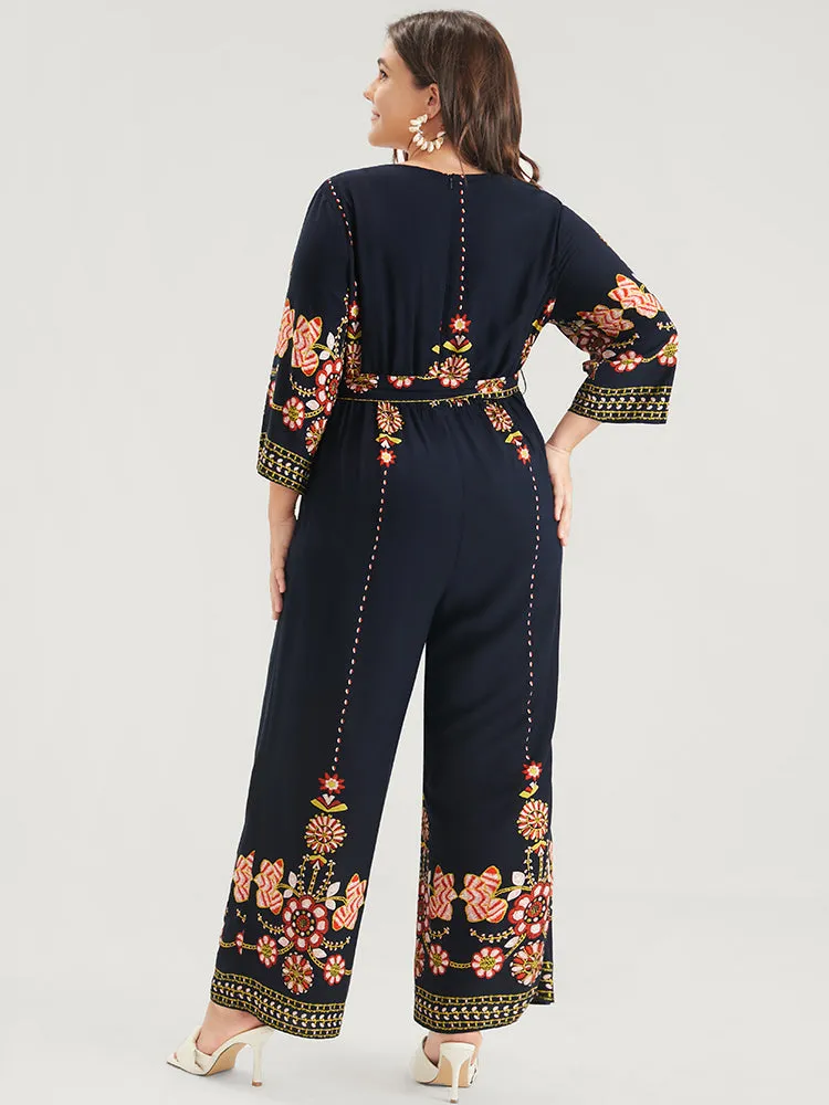 Random Floral Print Elastic Waist Pocket Belted Wrap Jumpsuit